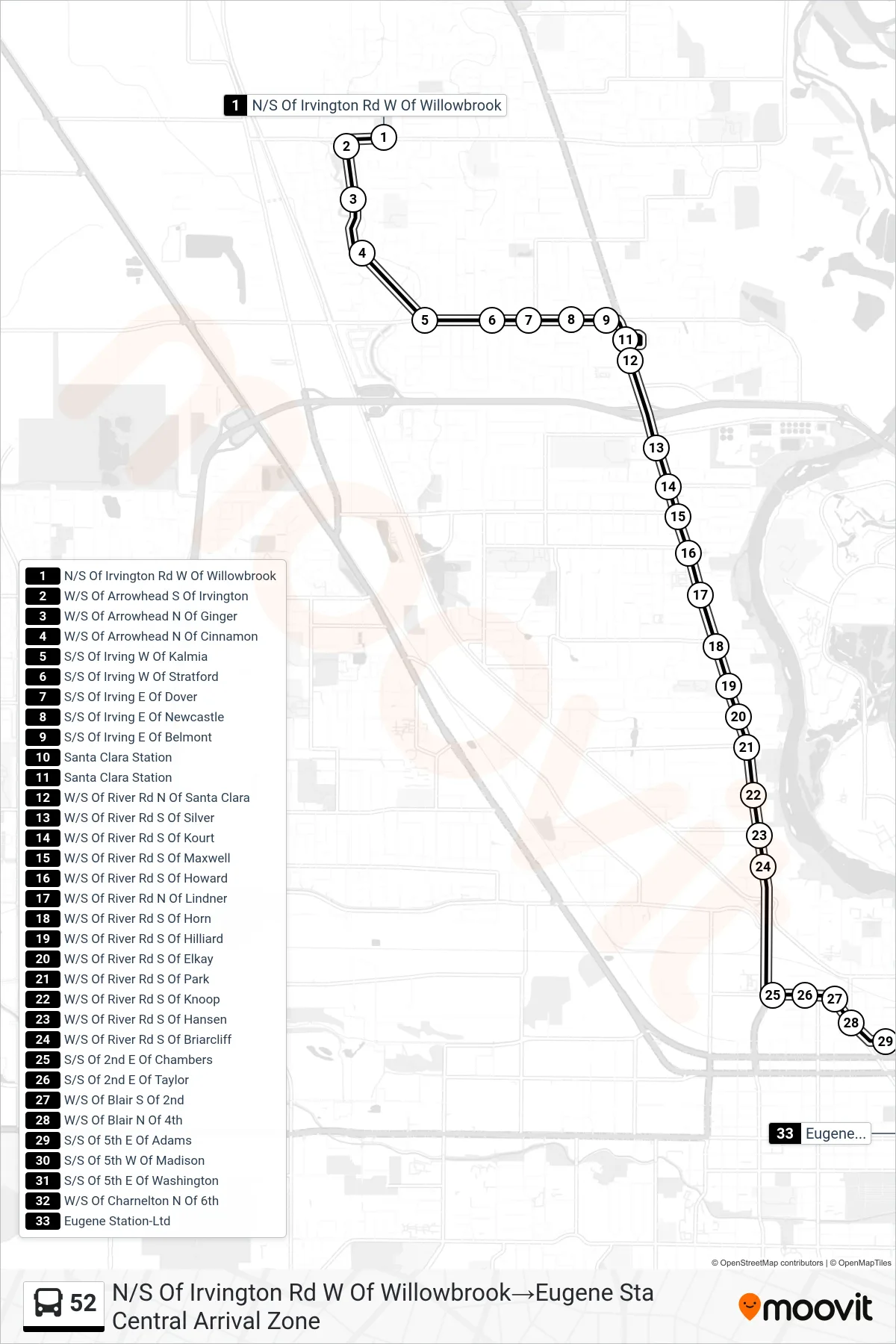 52 bus Line (N/S Of Irvington Rd W Of Willowbrook‎→Eugene Sta Central Arrival Zone) route and stops on a map