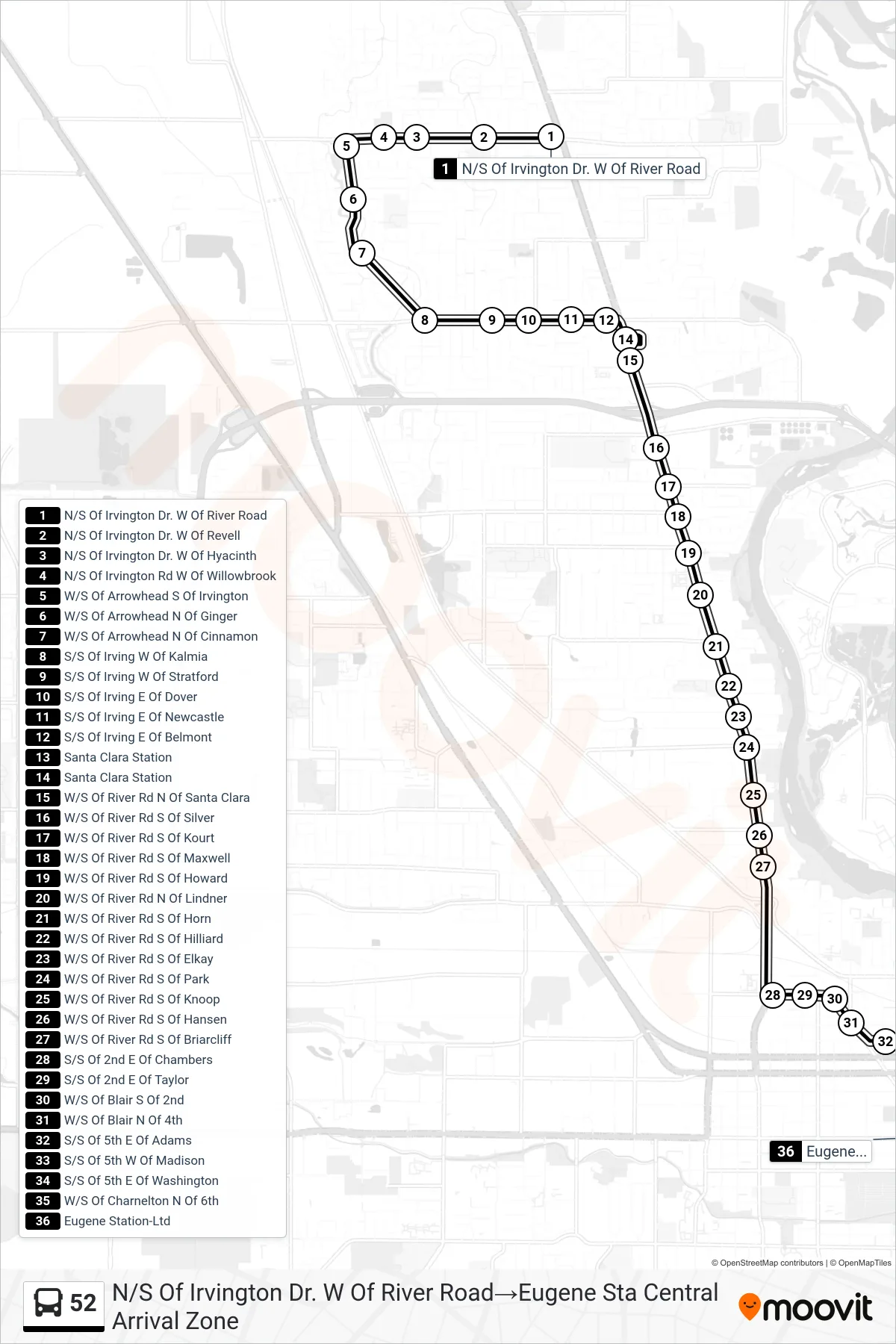 52 bus Line (N/S Of Irvington Dr. W Of River Road‎→Eugene Sta Central Arrival Zone) route and stops on a map