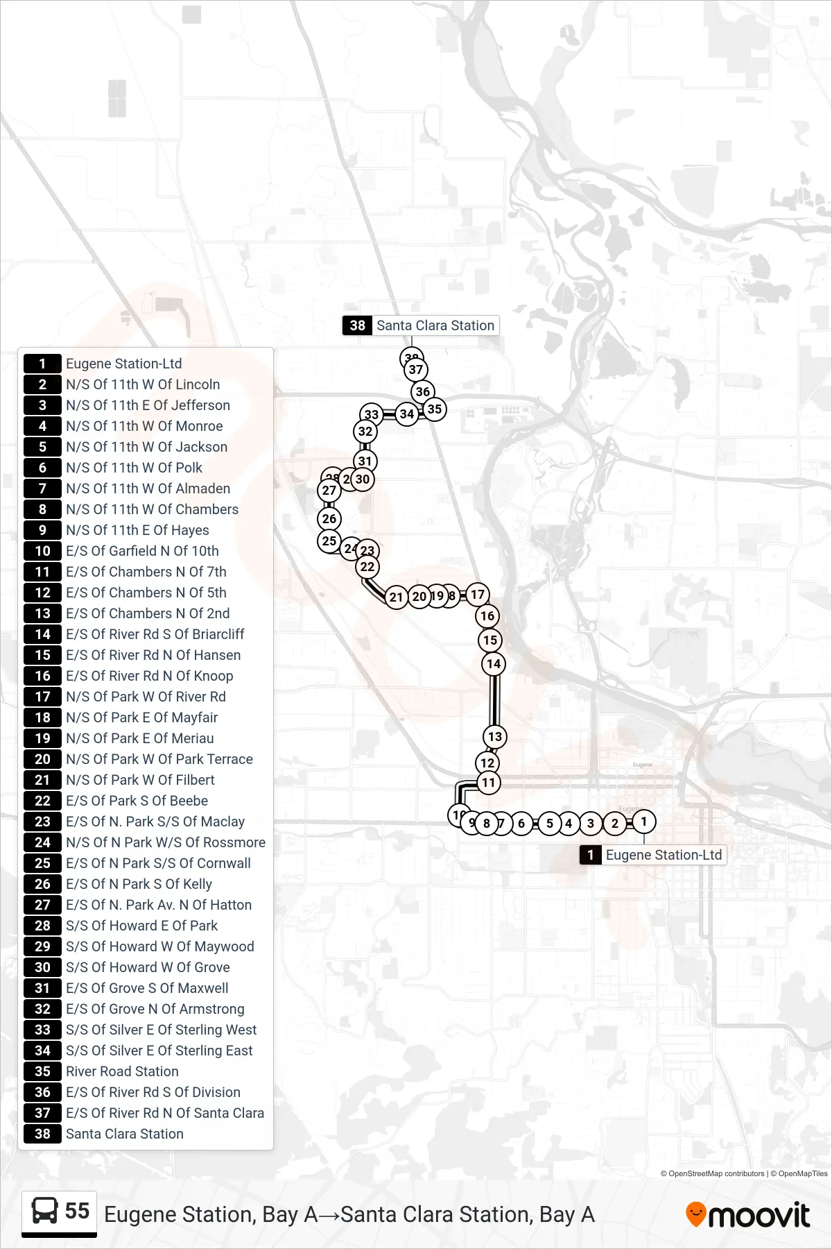 55 bus Line (Eugene Station, Bay A→Santa Clara Station, Bay A) route and stops on a map