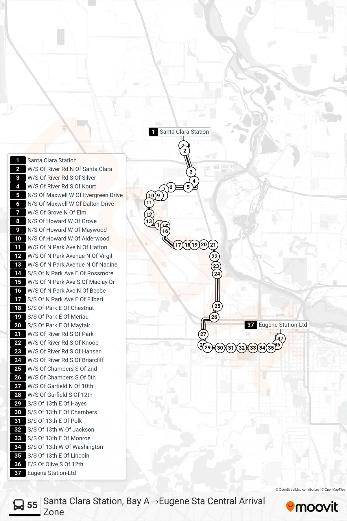 55 bus Line (Santa Clara Station, Bay A→Eugene Sta Central Arrival Zone) route and stops on a map