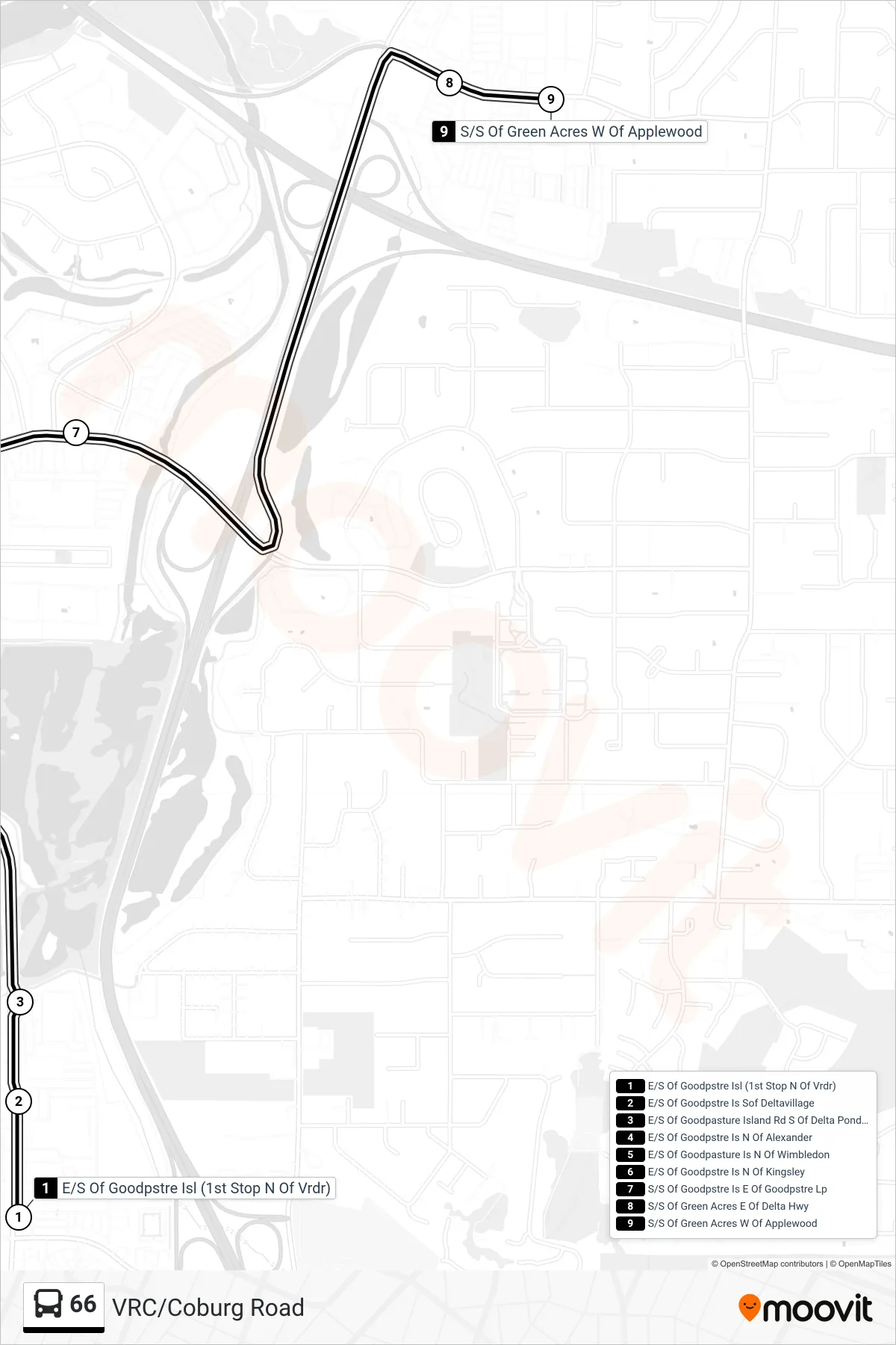 66 bus Line (E/S Of Goodpstre Isl (1st Stop N Of Vrdr)‎→S/S Of Green Acres W Of Applewood) route and stops on a map