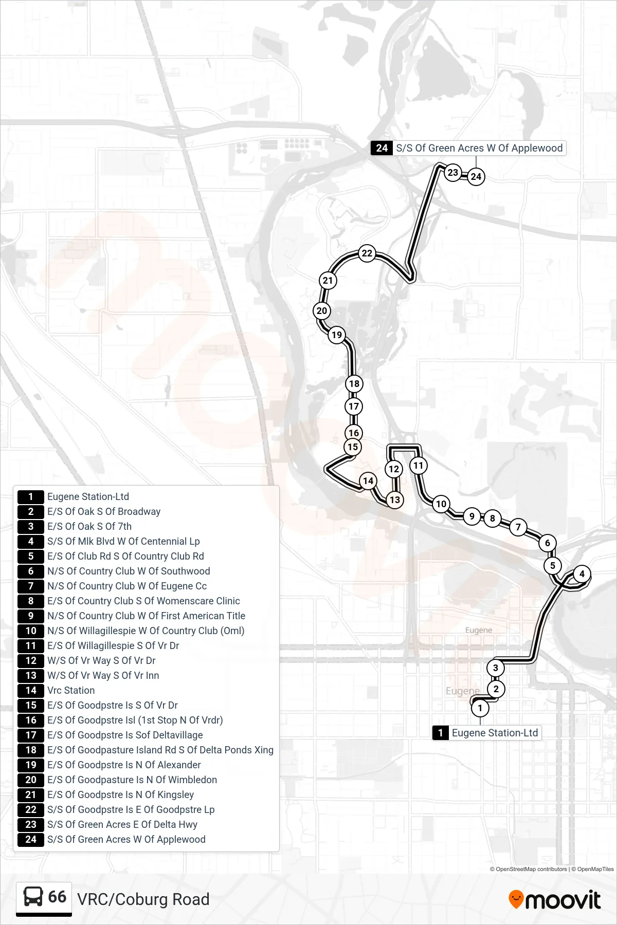 66 bus Line (Eugene Station, Bay R‎→S/S Of Green Acres W Of Applewood) route and stops on a map