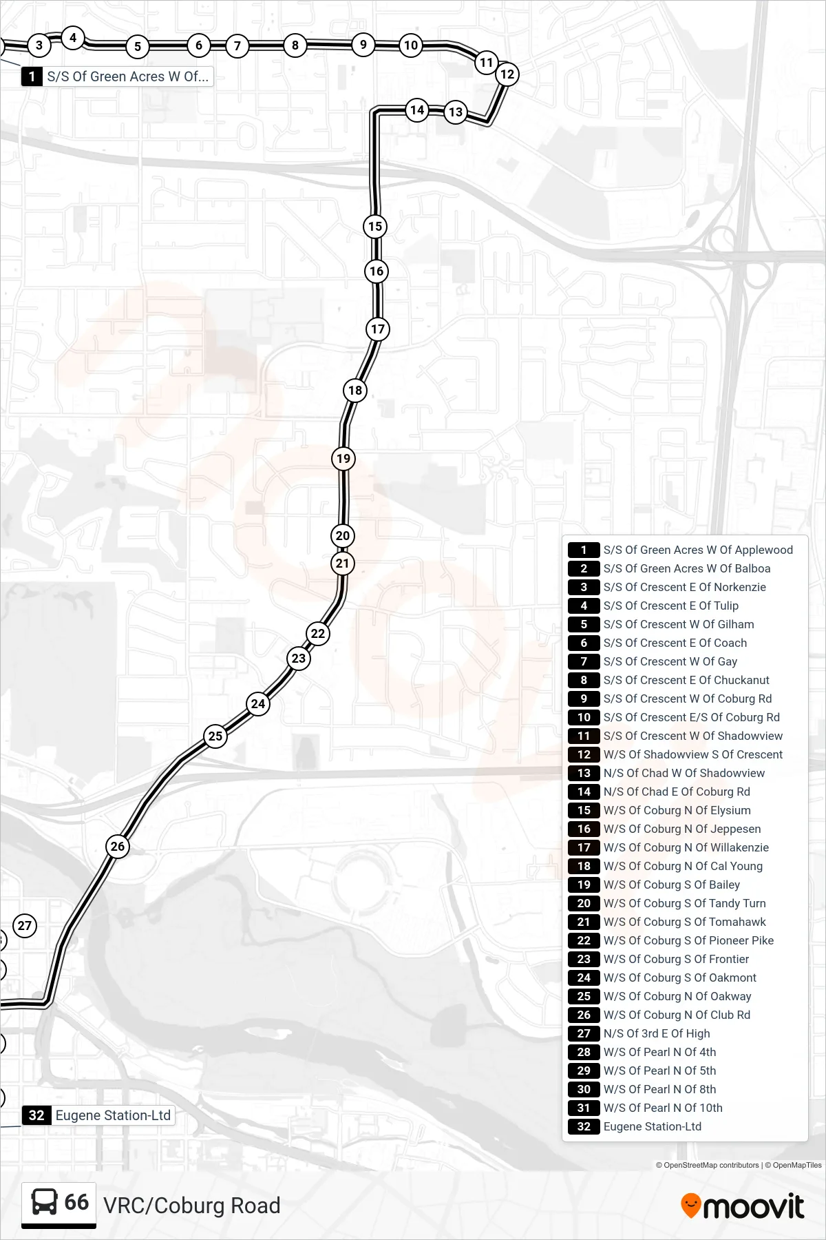 66 bus Line (S/S Of Green Acres W Of Applewood‎→Eugene Sta Central Arrival Zone) route and stops on a map