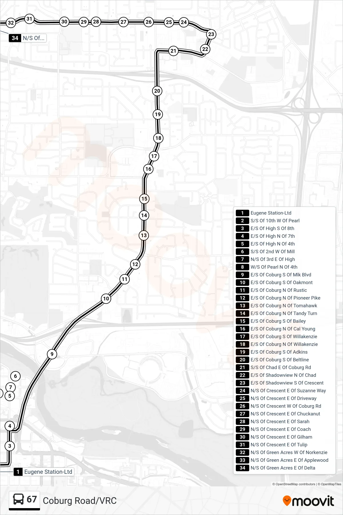 67 bus Line (Eugene Station, Bay P→N/S Of Green Acres E Of Delta) route and stops on a map