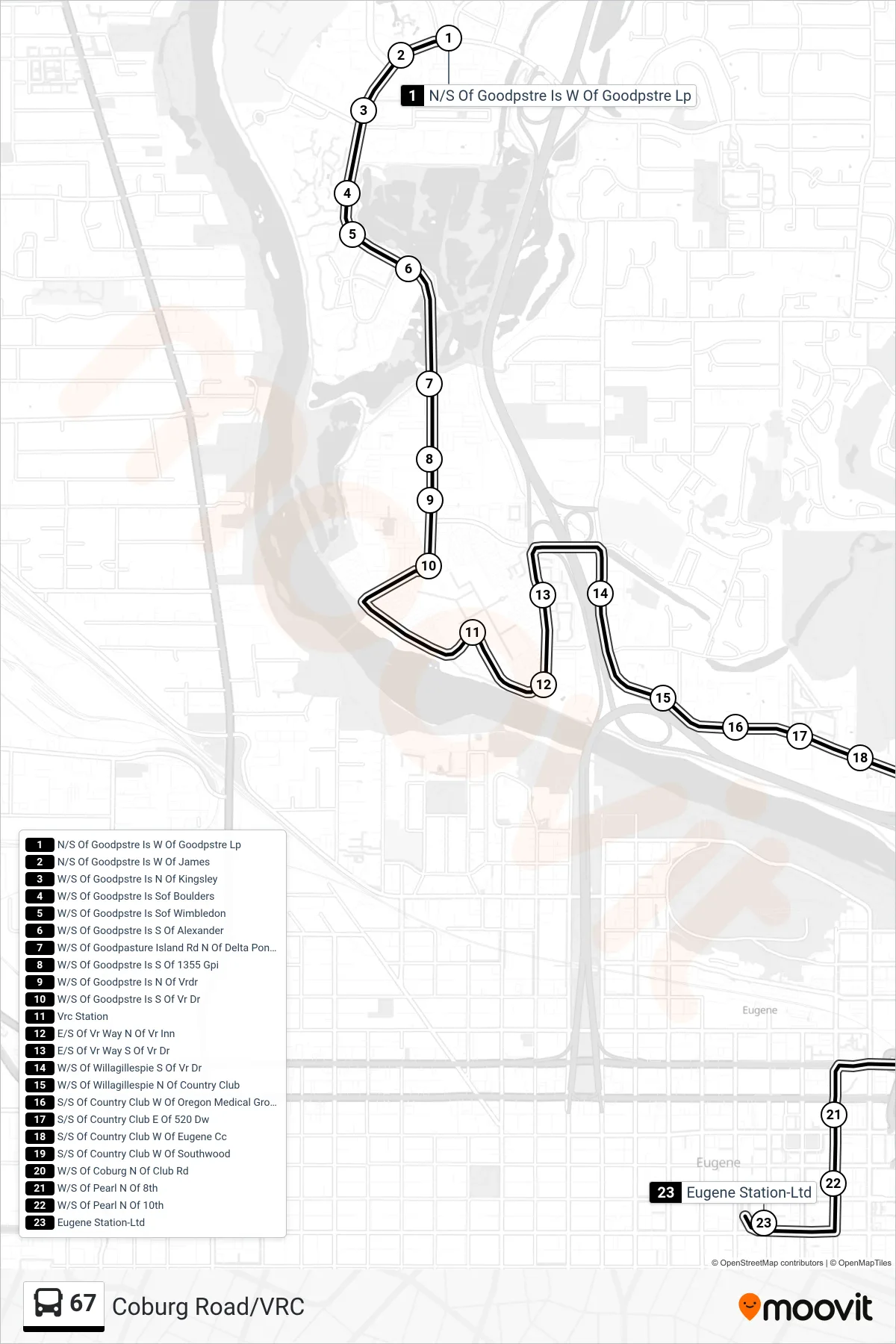 67 bus Line (N/S Of Goodpstre Is W Of Goodpstre Lp‎→Eugene Sta Central Arrival Zone) route and stops on a map