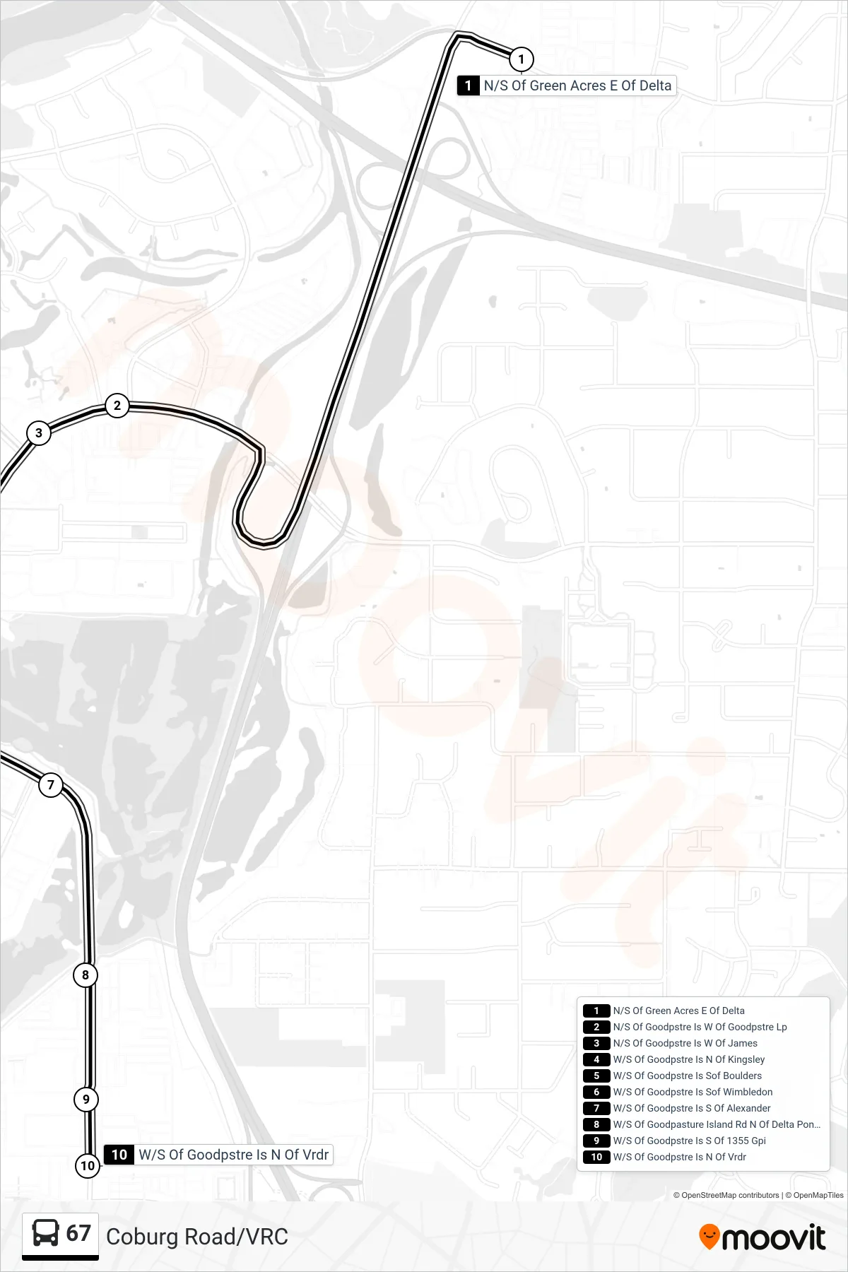 67 bus Line (N/S Of Green Acres E Of Delta→W/S Of Goodpstre Is N Of Vrdr) route and stops on a map