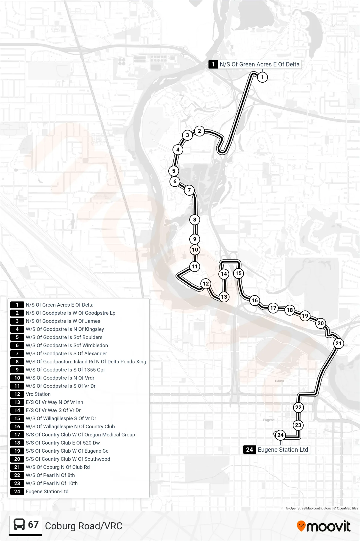 67 bus Line (N/S Of Green Acres E Of Delta‎→Eugene Sta Central Arrival Zone) route and stops on a map