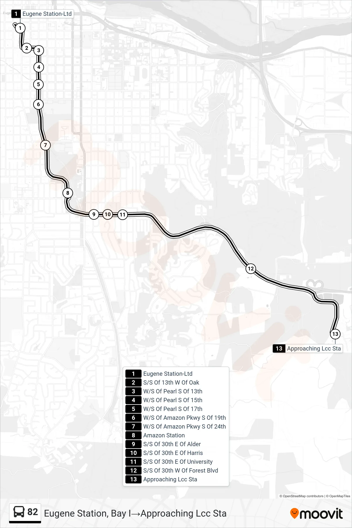 82 bus Line (Eugene Station, Bay I→Approaching Lcc Sta) route and stops on a map