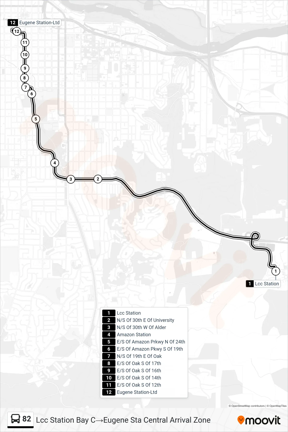 82 bus Line (Lcc Station Bay C→Eugene Sta Central Arrival Zone) route and stops on a map