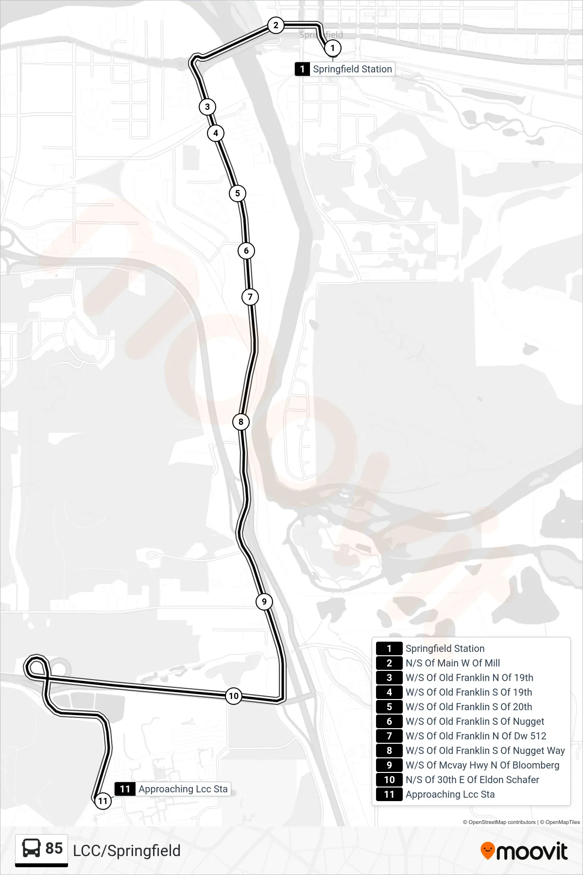 85 bus Line (Springfield Station, Bay D‎→Approaching Lcc Sta) route and stops on a map