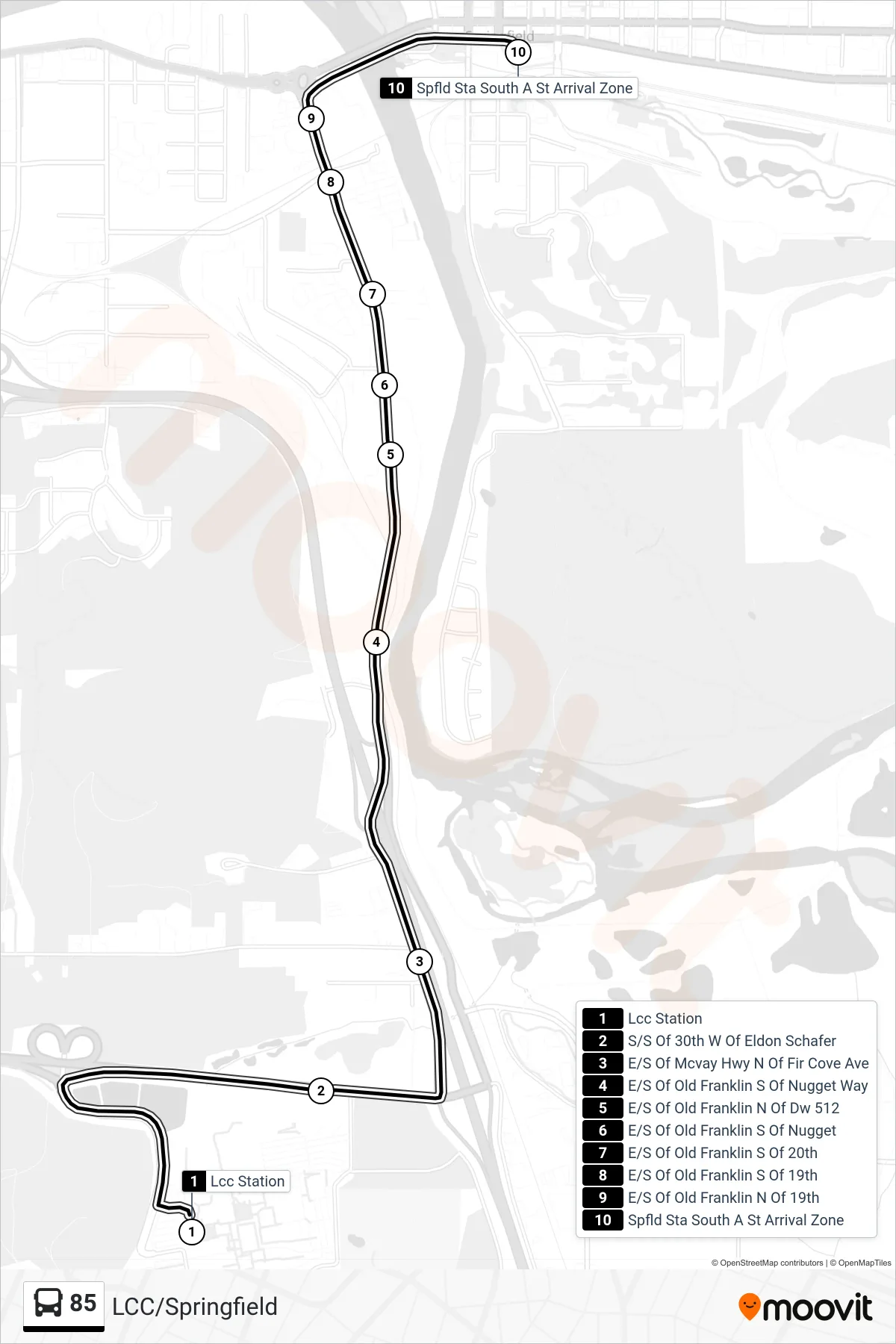 85 bus Line (Lcc Station Bay D→Spfld Sta South A St Arrival Zone) route and stops on a map