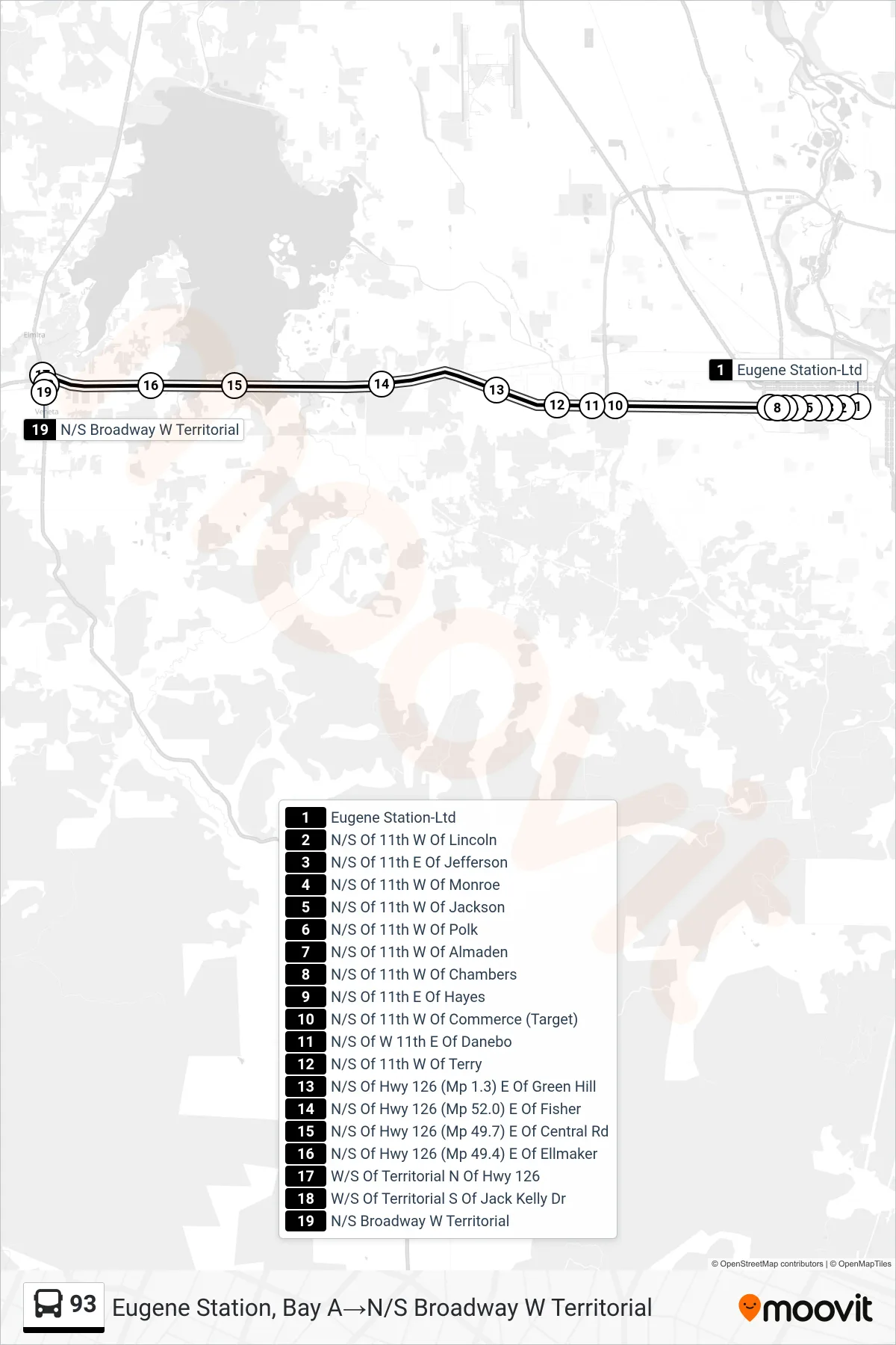 93 bus Line (Eugene Station, Bay A‎→N/S Broadway W Territorial) route and stops on a map