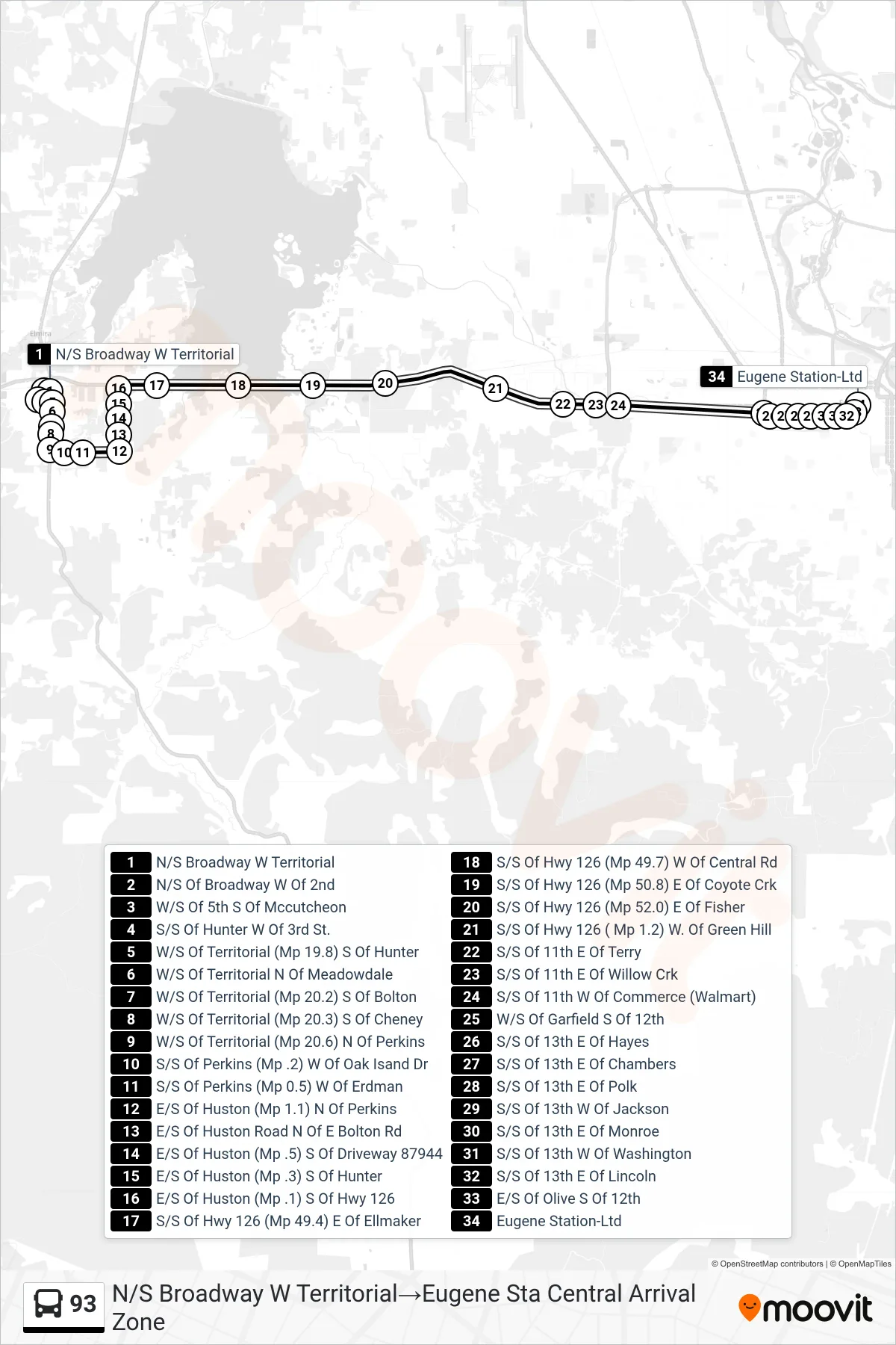 93 bus Line (N/S Broadway W Territorial→Eugene Sta Central Arrival Zone) route and stops on a map