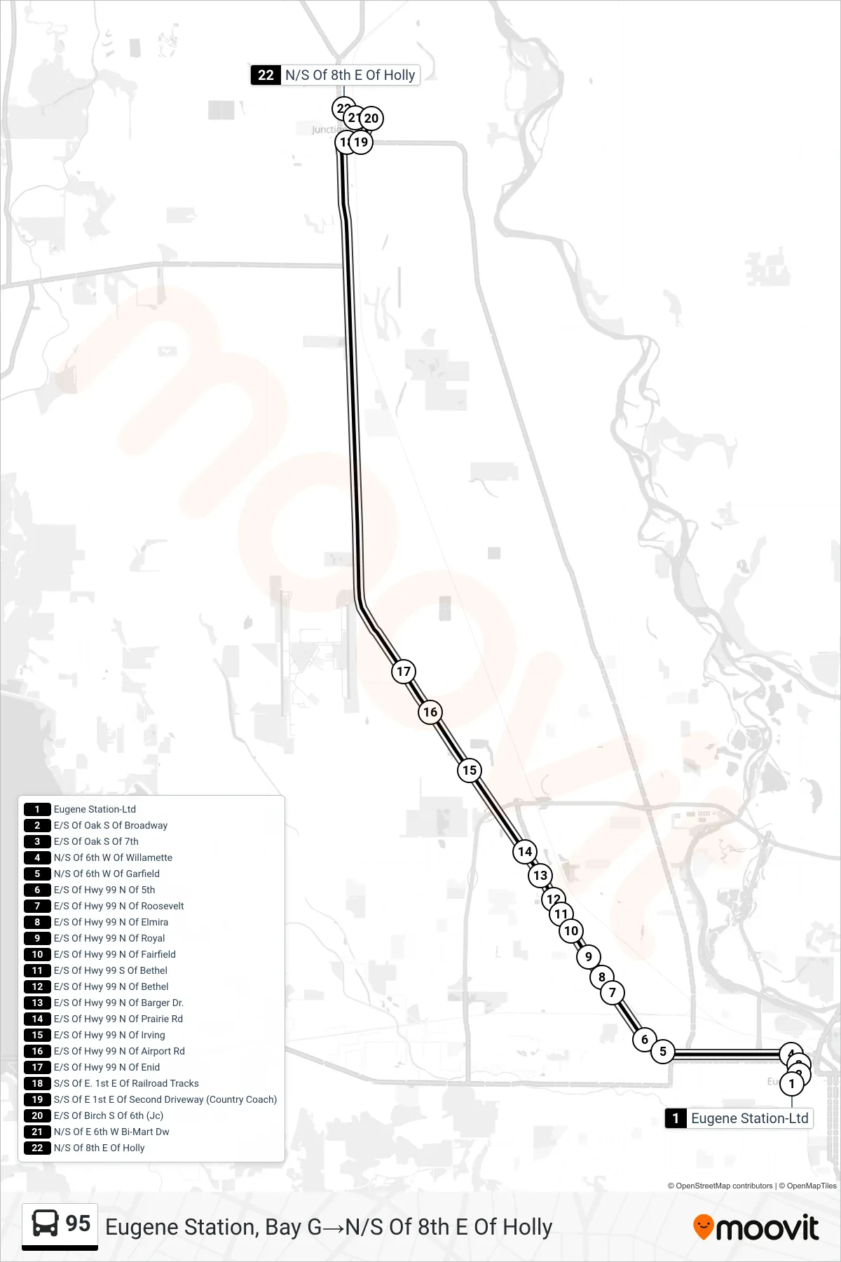 95 bus Line (Eugene Station, Bay G‎→N/S Of 8th E Of Holly) route and stops on a map
