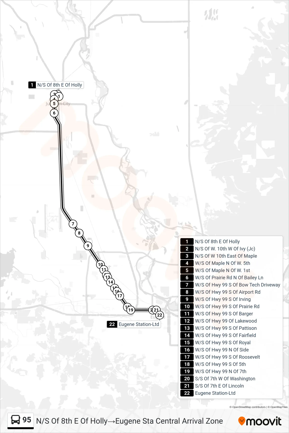 95 bus Line (N/S Of 8th E Of Holly→Eugene Sta Central Arrival Zone) route and stops on a map