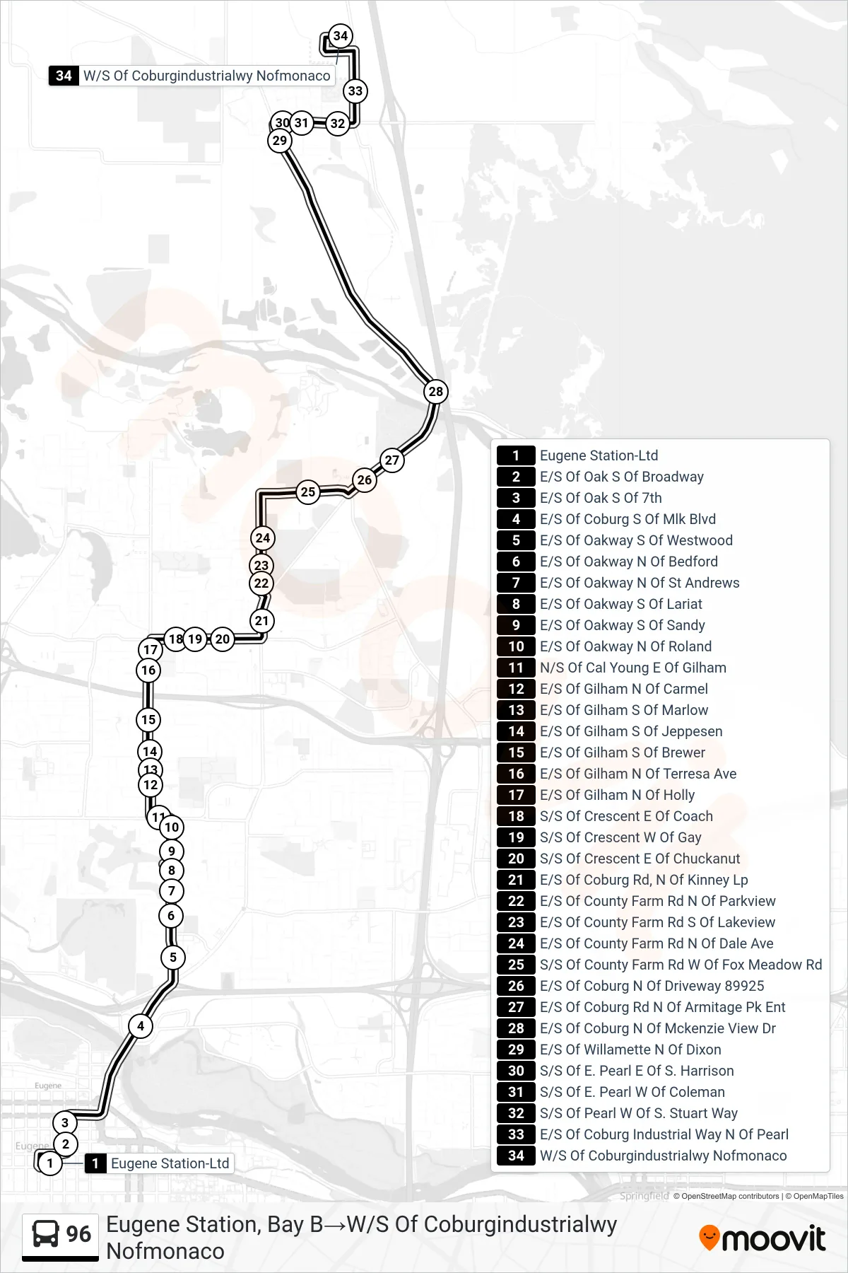 96 bus Line (Eugene Station, Bay B→W/S Of Coburgindustrialwy Nofmonaco) route and stops on a map