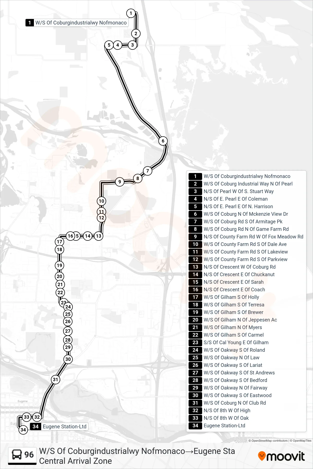 96 bus Line (W/S Of Coburgindustrialwy Nofmonaco→Eugene Sta Central Arrival Zone) route and stops on a map