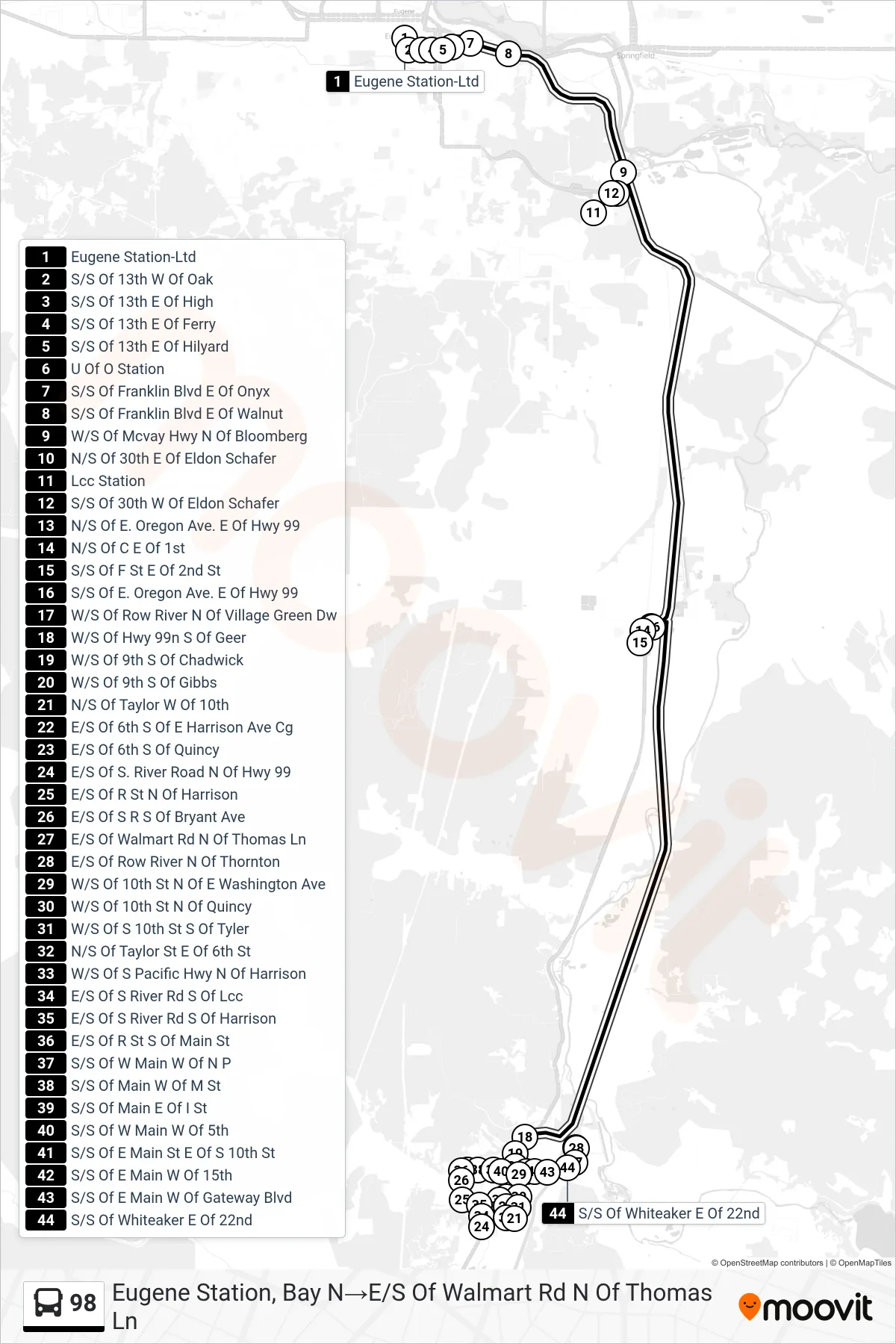 98 bus Line (Eugene Station, Bay N‎→E/S Of Walmart Rd N Of Thomas Ln) route and stops on a map