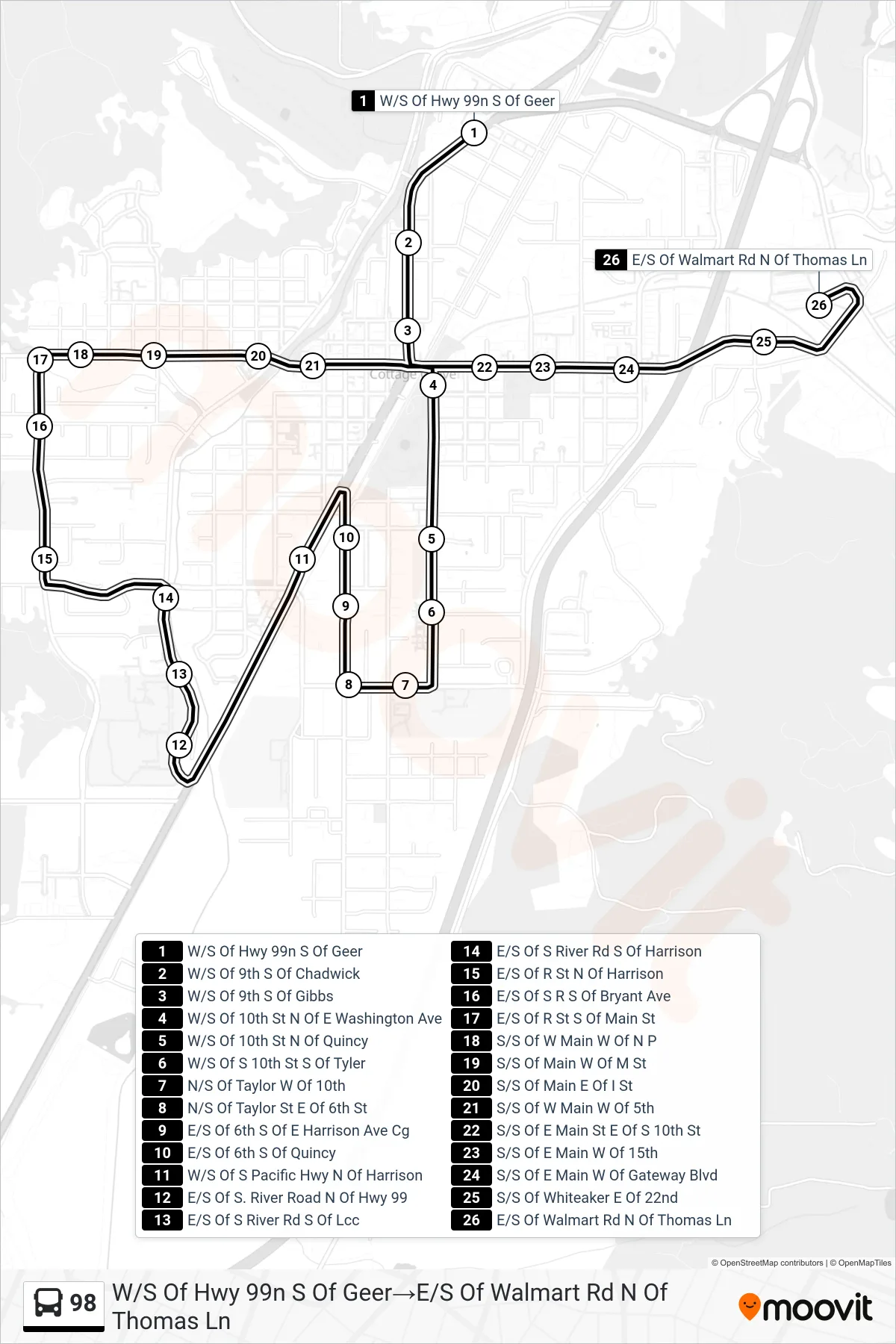 98 bus Line (W/S Of Hwy 99n S Of Geer‎→E/S Of Walmart Rd N Of Thomas Ln) route and stops on a map