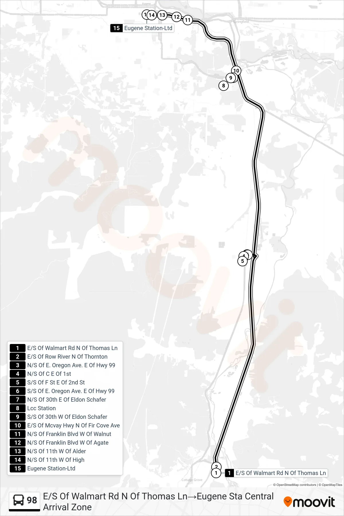 98 bus Line (E/S Of Walmart Rd N Of Thomas Ln→Eugene Sta Central Arrival Zone) route and stops on a map