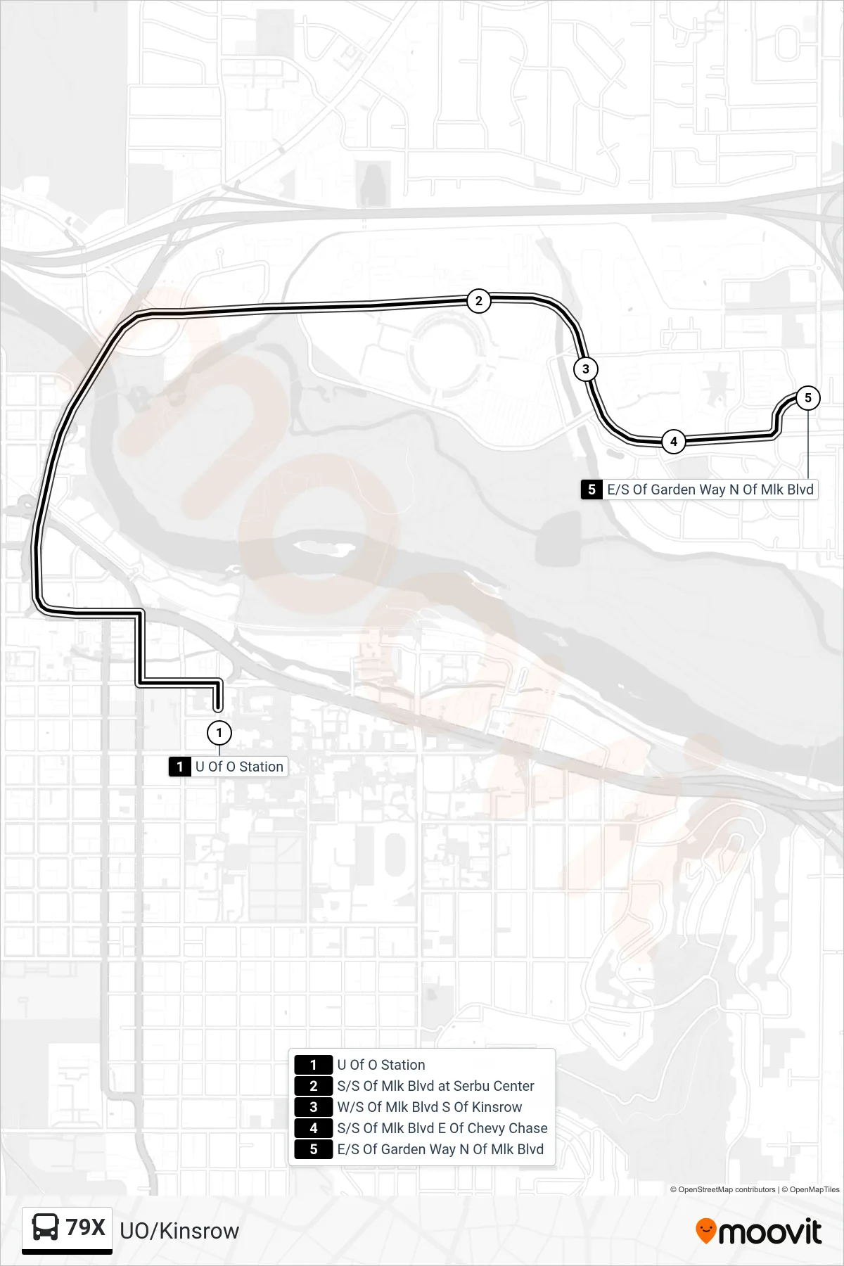 79X bus Line (University Of Oregon Station - Bay F→E/S Of Garden Way N Of Mlk Blvd) route and stops on a map