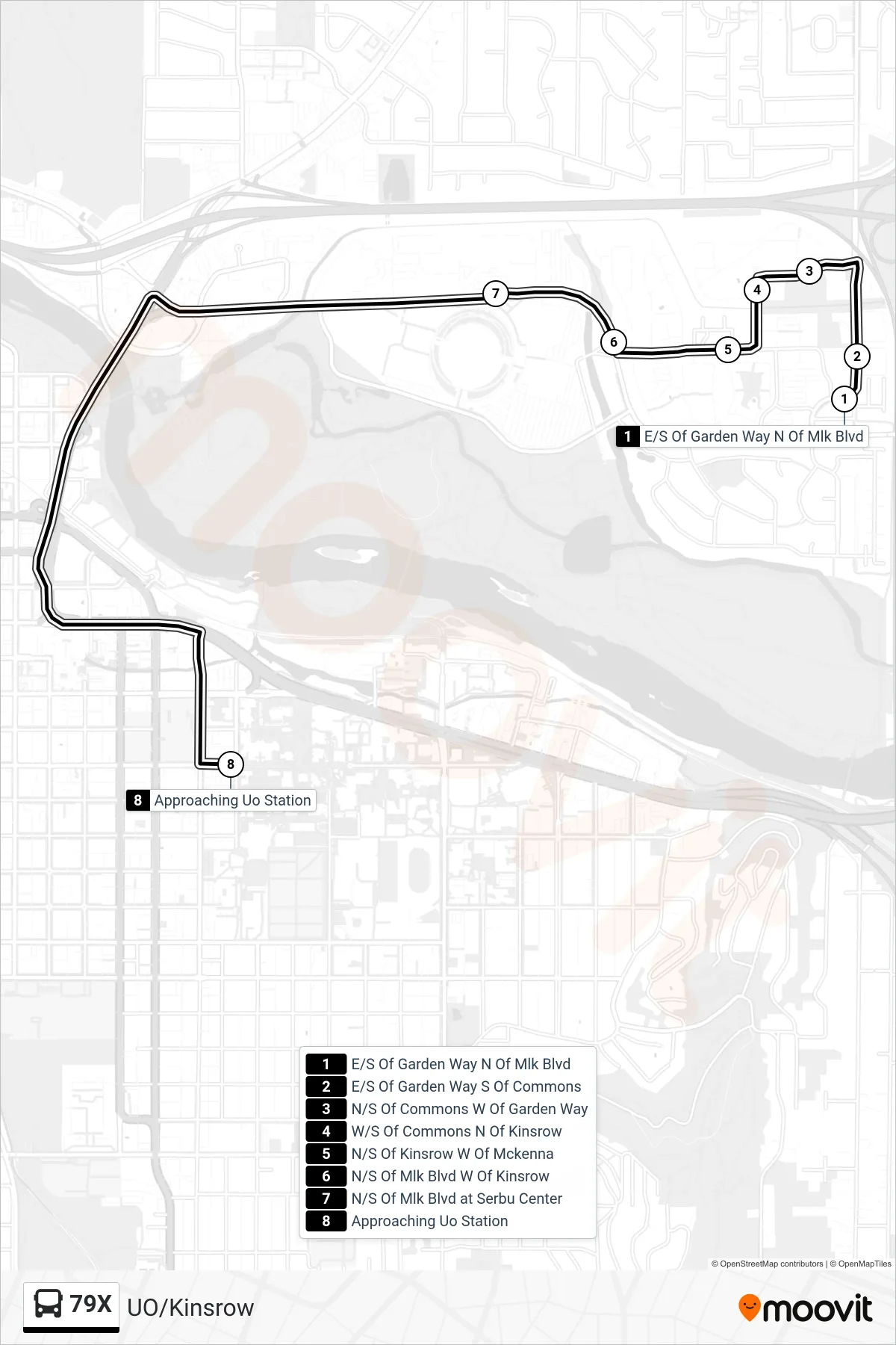 79X bus Line (E/S Of Garden Way N Of Mlk Blvd‎→Approaching Uo Station) route and stops on a map