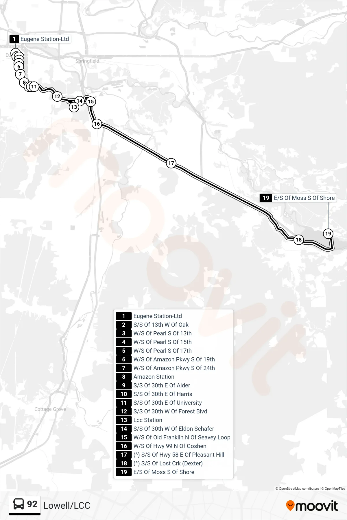 92 bus Line (Eugene Station, Bay I→E/S Of Moss S Of Shore) route and stops on a map