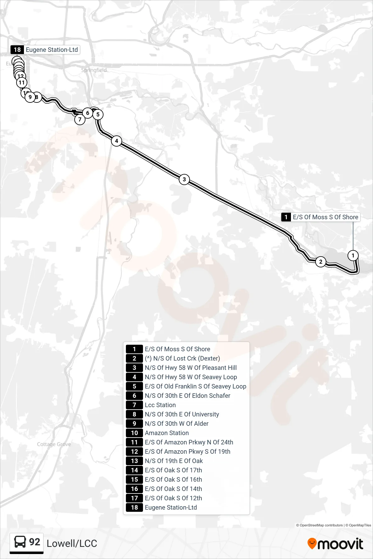 92 bus Line (E/S Of Moss S Of Shore‎→Eugene Sta Central Arrival Zone) route and stops on a map