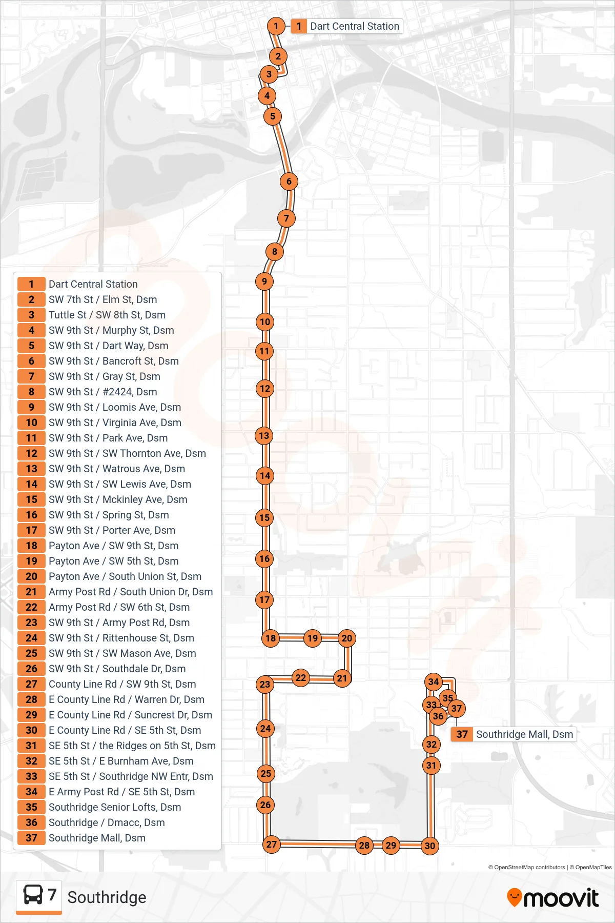 7 bus Line (Southridge) route and stops on a map