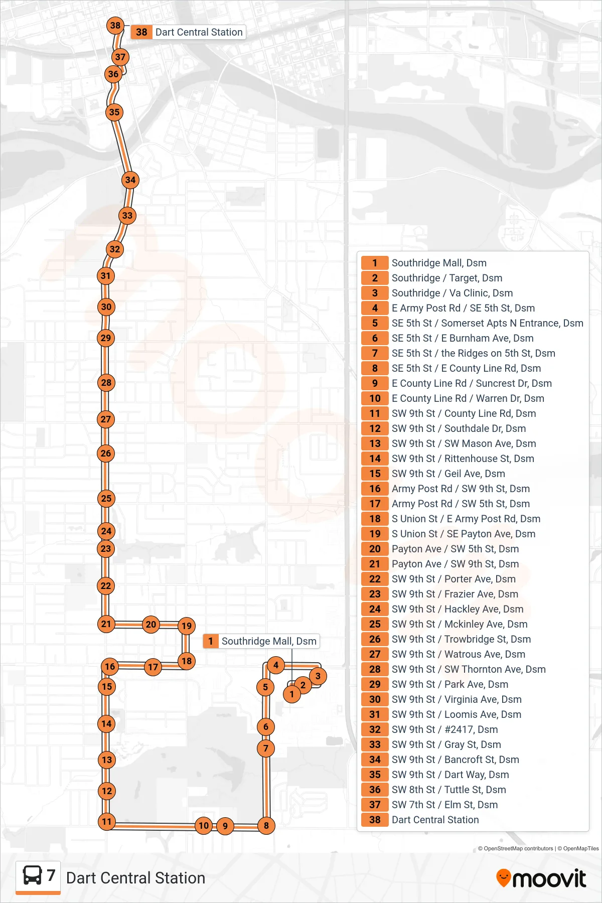 7 bus Line (Dart Central Station) route and stops on a map