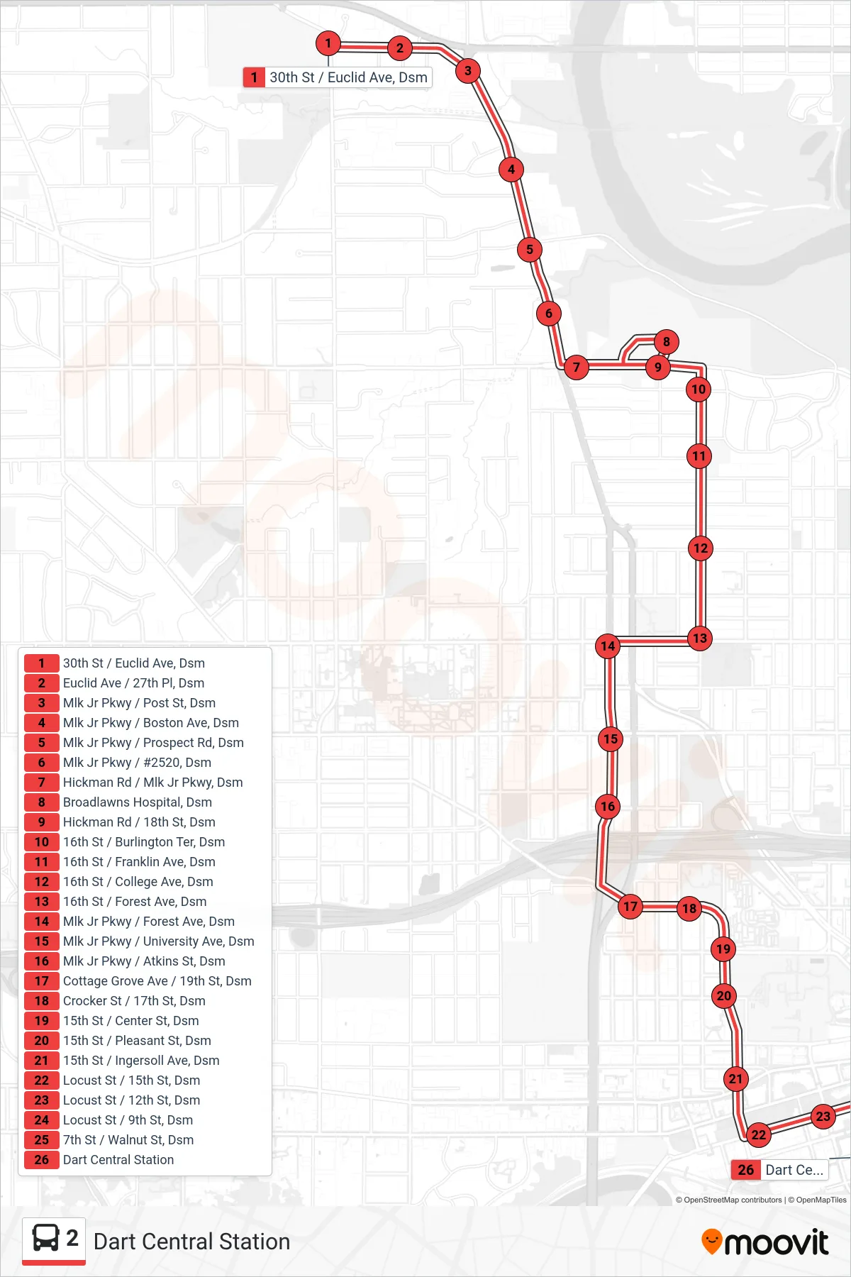 2 bus Line (Dart Central Station) route and stops on a map