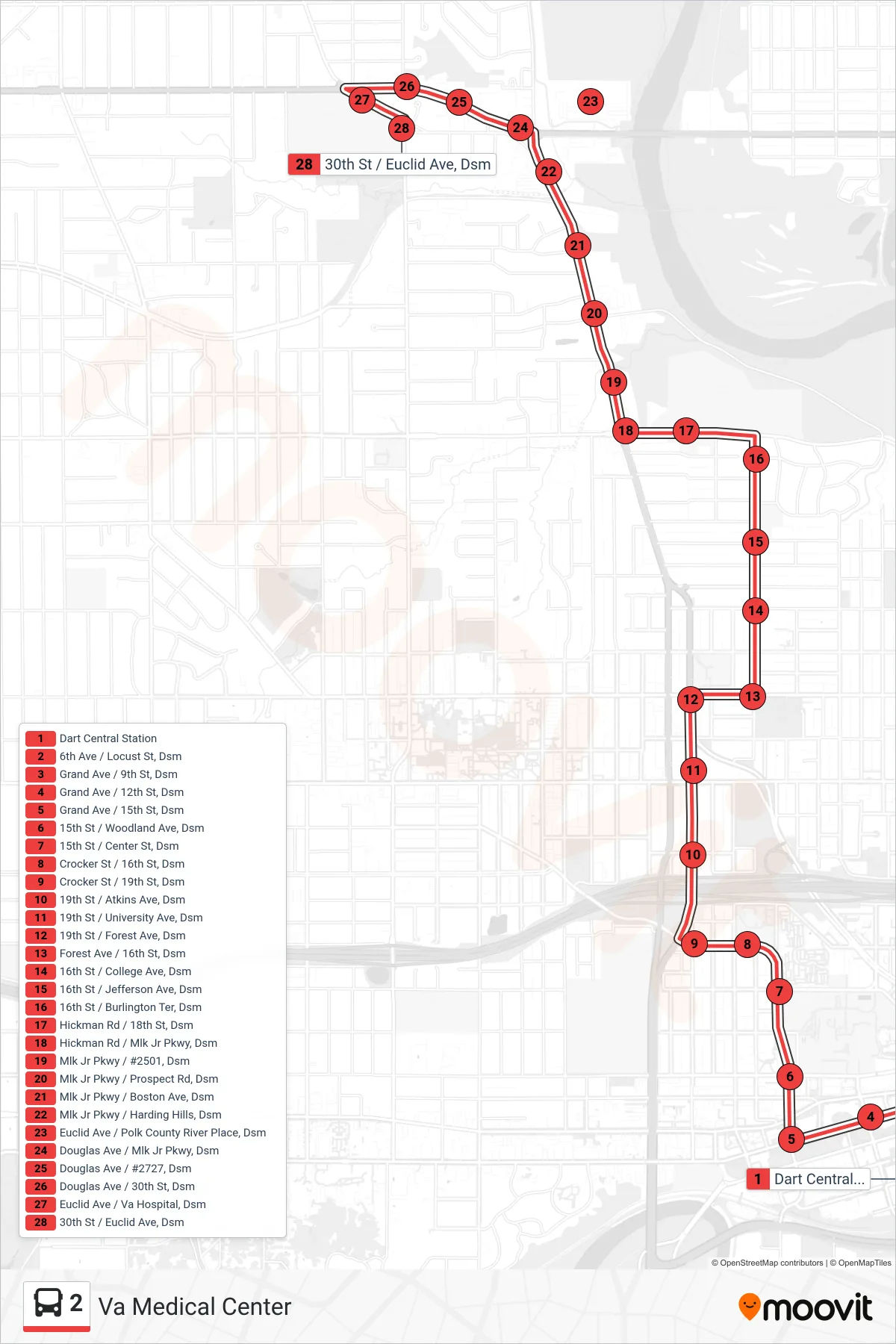 2 bus Line (Va Medical Center) route and stops on a map