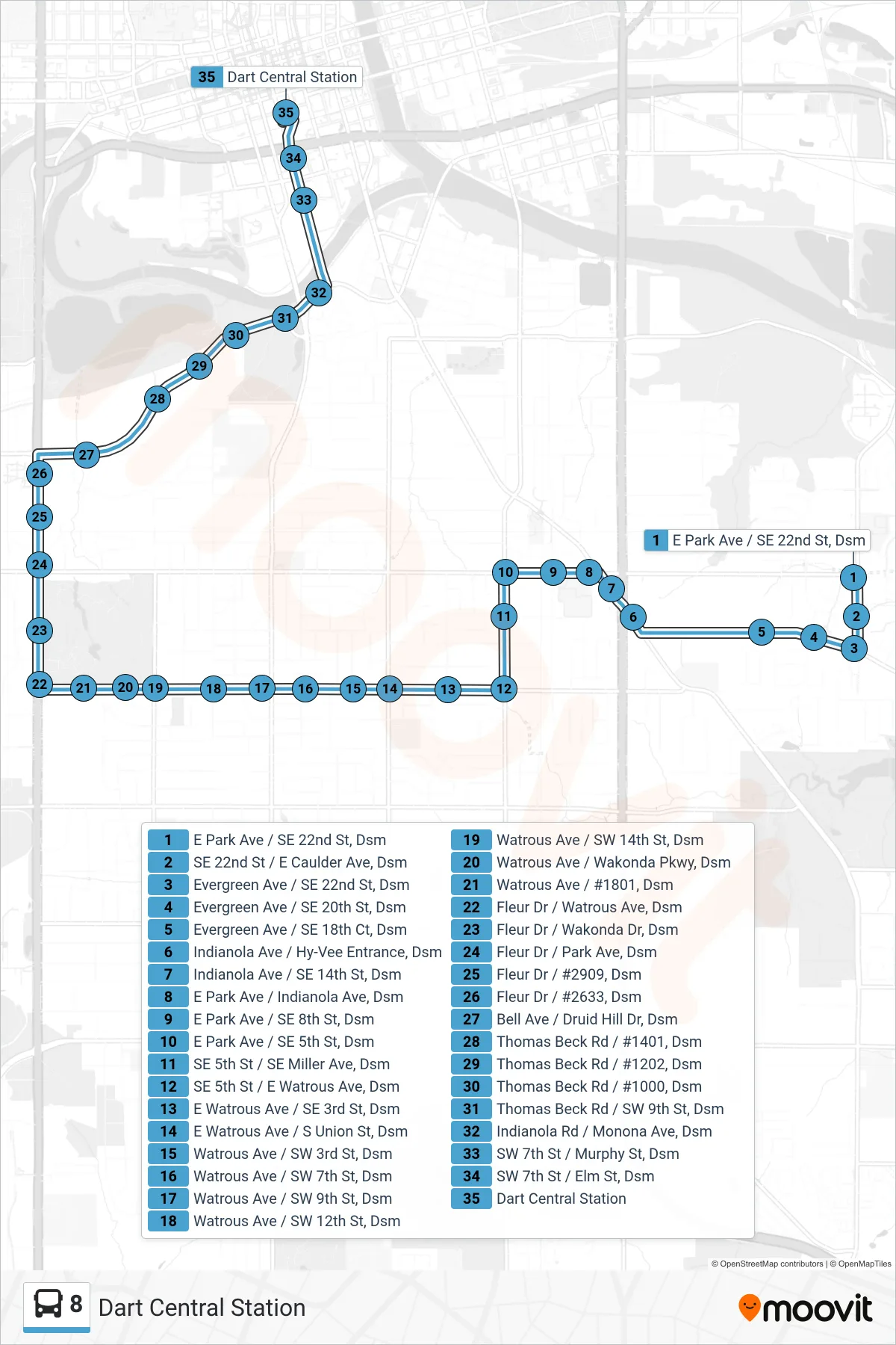 8 bus Line (Dart Central Station) route and stops on a map