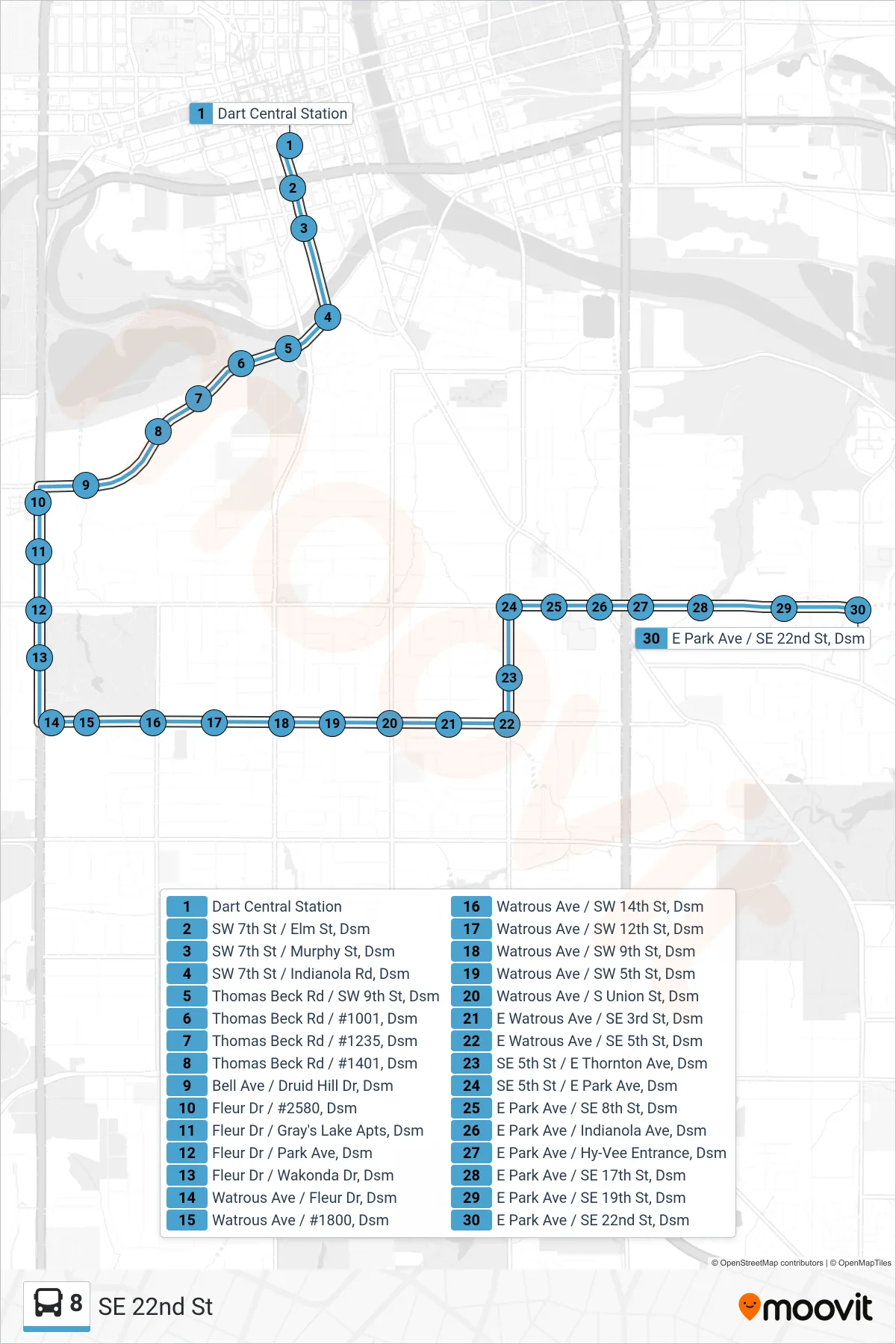 8 bus Line (SE 22nd St) route and stops on a map