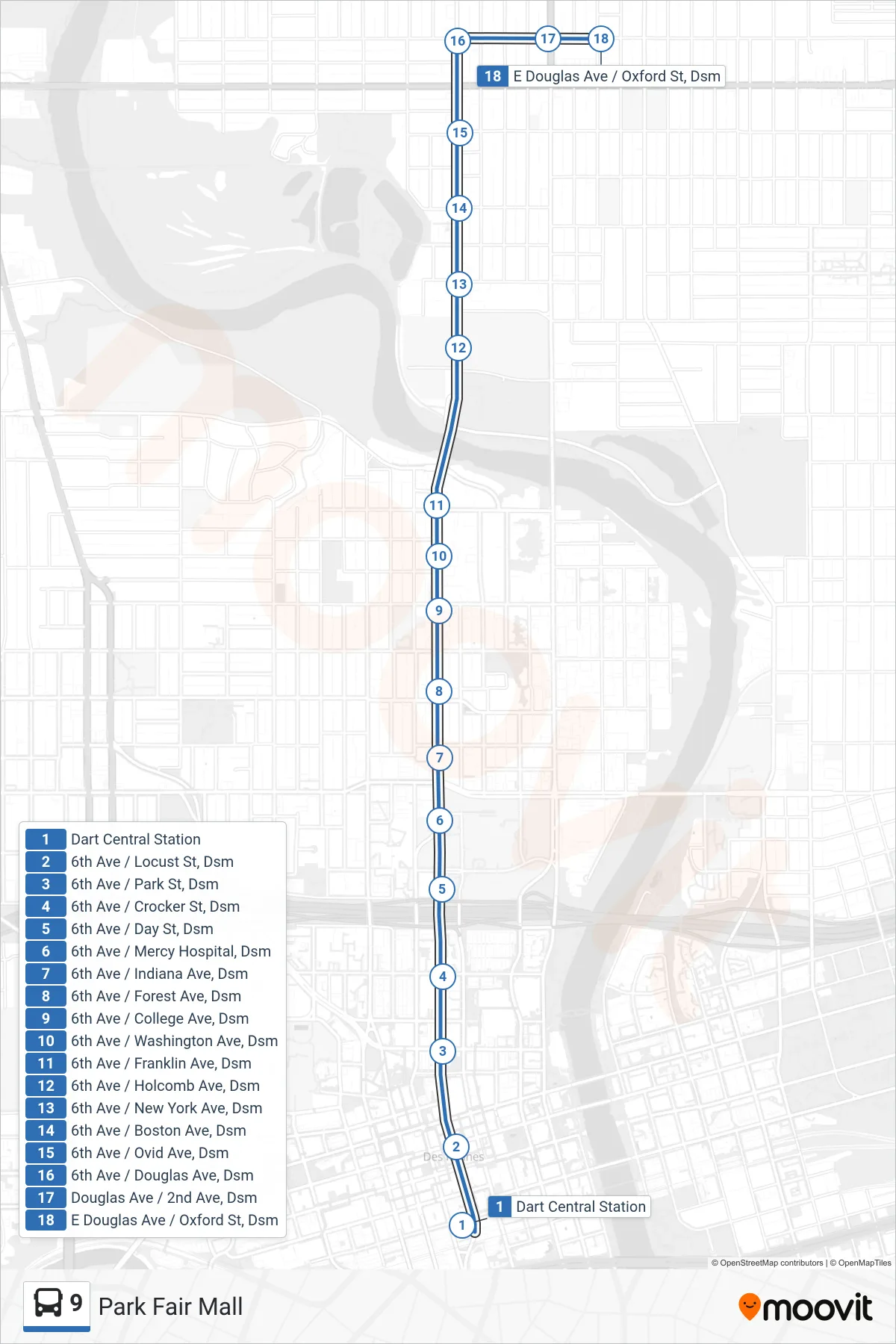 9 bus Line (Park Fair Mall) route and stops on a map