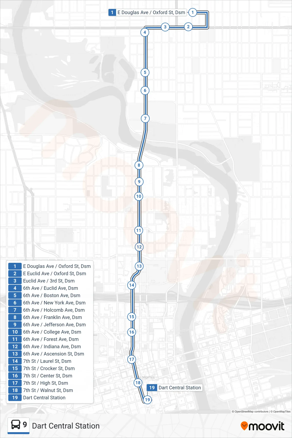 9 bus Line (Dart Central Station) route and stops on a map