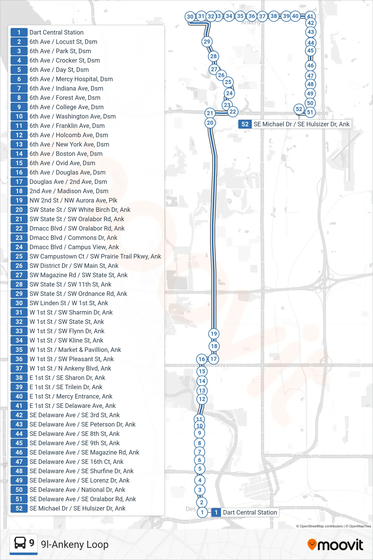 9 bus Line (9l-Ankeny Loop) route and stops on a map
