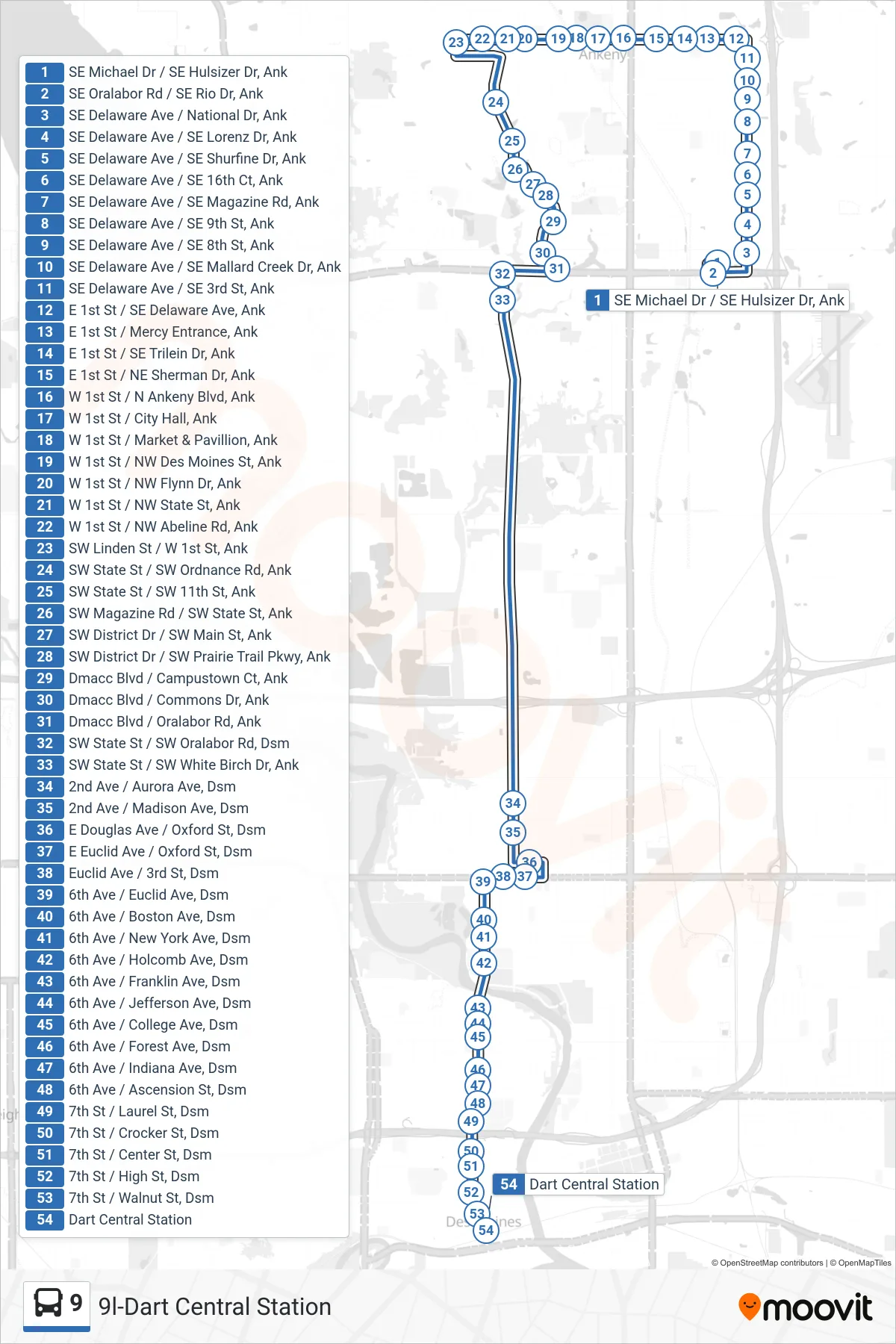 9 bus Line (9l-Dart Central Station) route and stops on a map