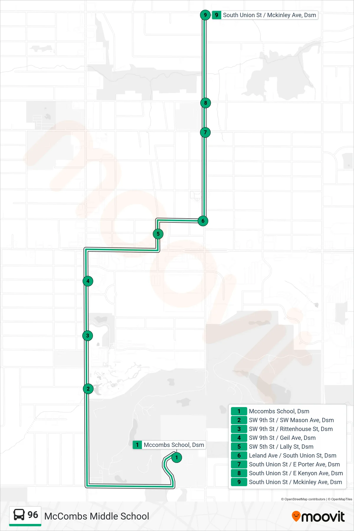 96 bus Line (961-Mccombs Ms To S Union St & Mckinley Ave) route and stops on a map