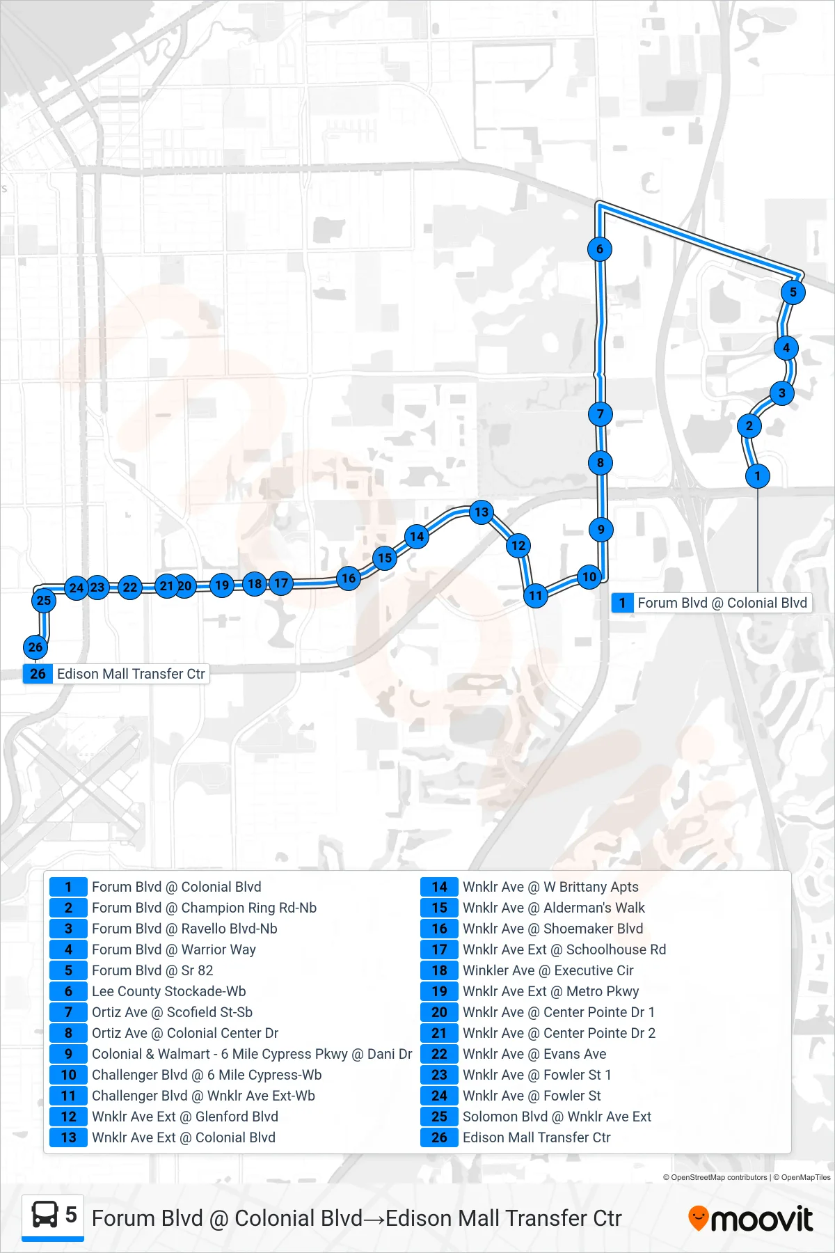 5 bus Line (Forum Blvd @ Colonial Blvd→Edison Mall Transfer Ctr) route and stops on a map