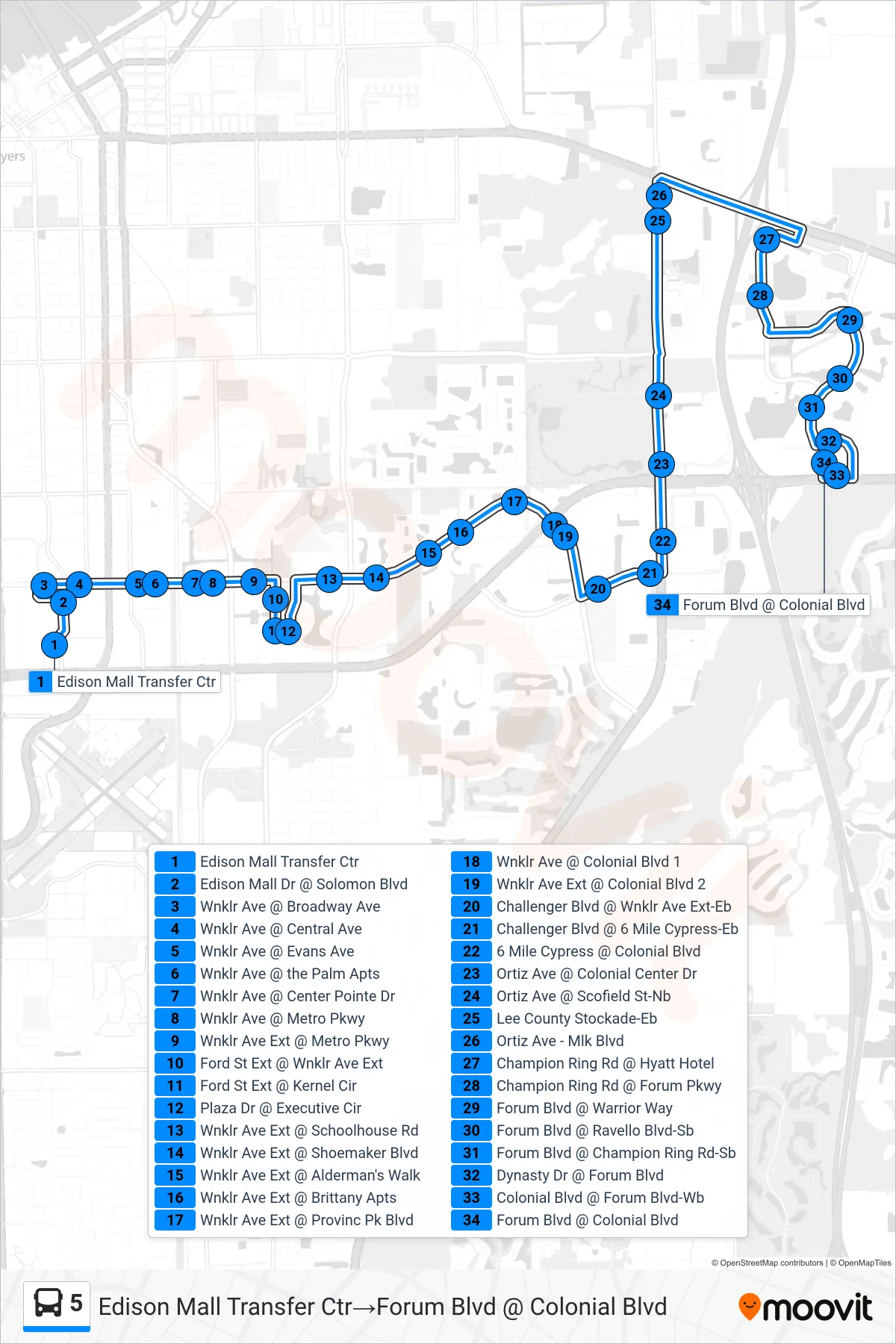 5 bus Line (Edison Mall Transfer Ctr→Forum Blvd @ Colonial Blvd) route and stops on a map