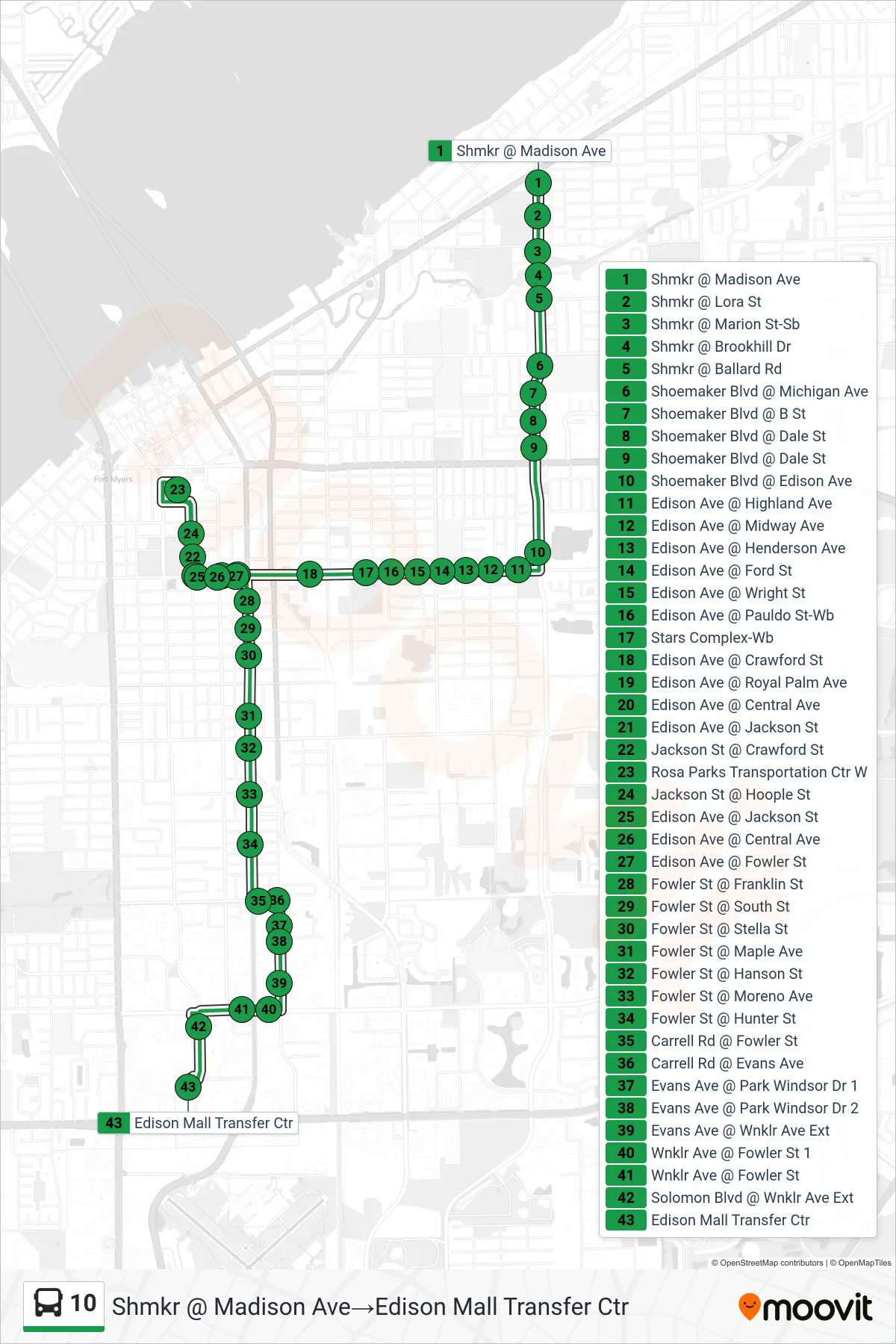 10 bus Line (Shmkr @ Madison Ave→Edison Mall Transfer Ctr) route and stops on a map