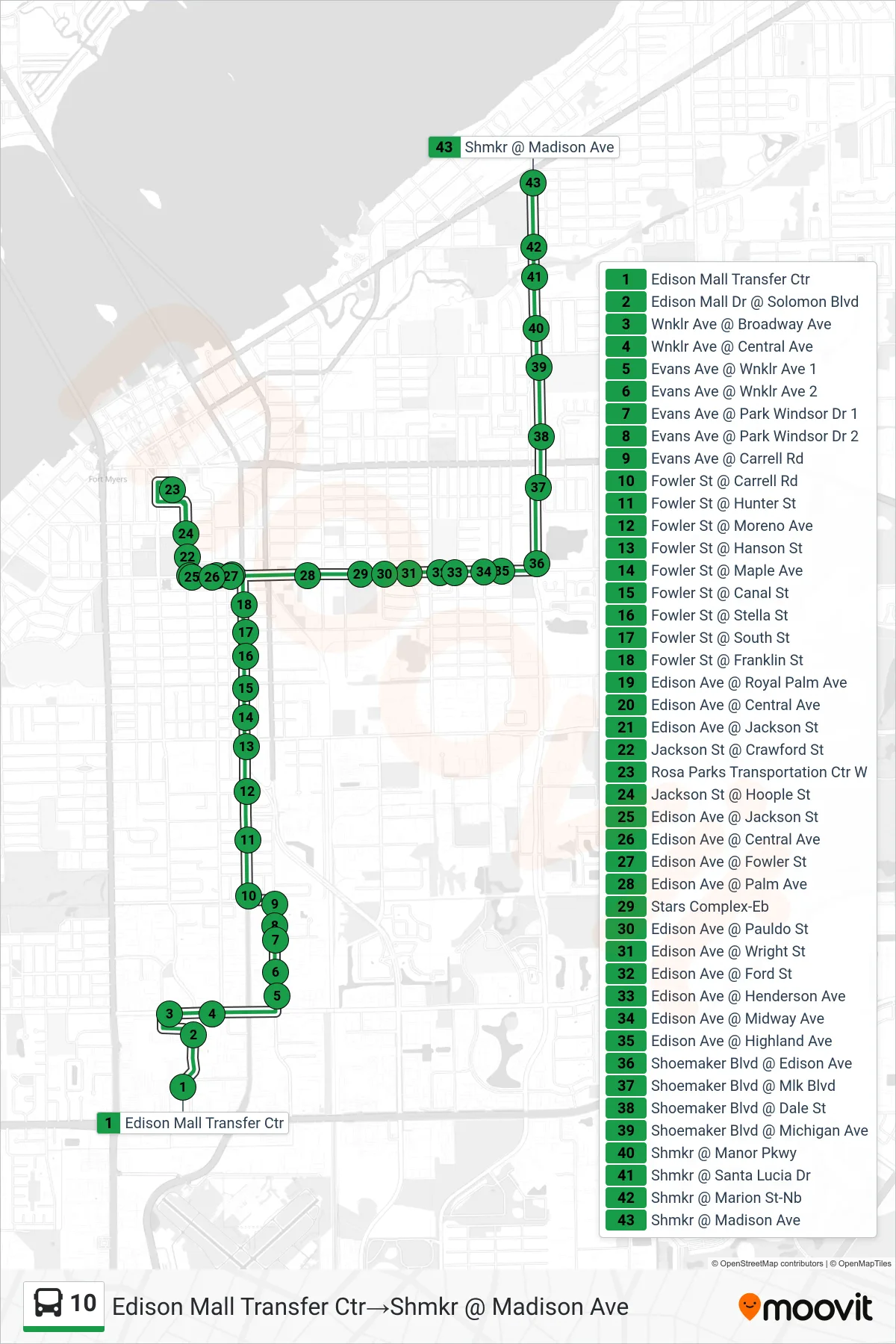 10 bus Line (Edison Mall Transfer Ctr→Shmkr @ Madison Ave) route and stops on a map