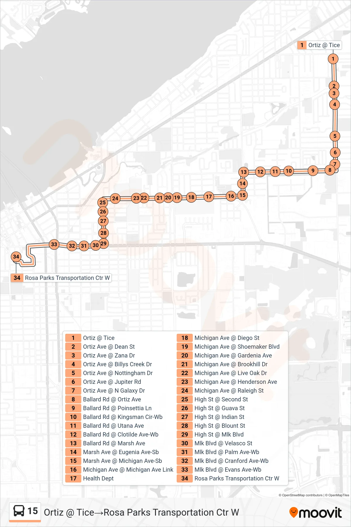 15 bus Line (Ortiz @ Tice→Rosa Parks Transportation Ctr W) route and stops on a map