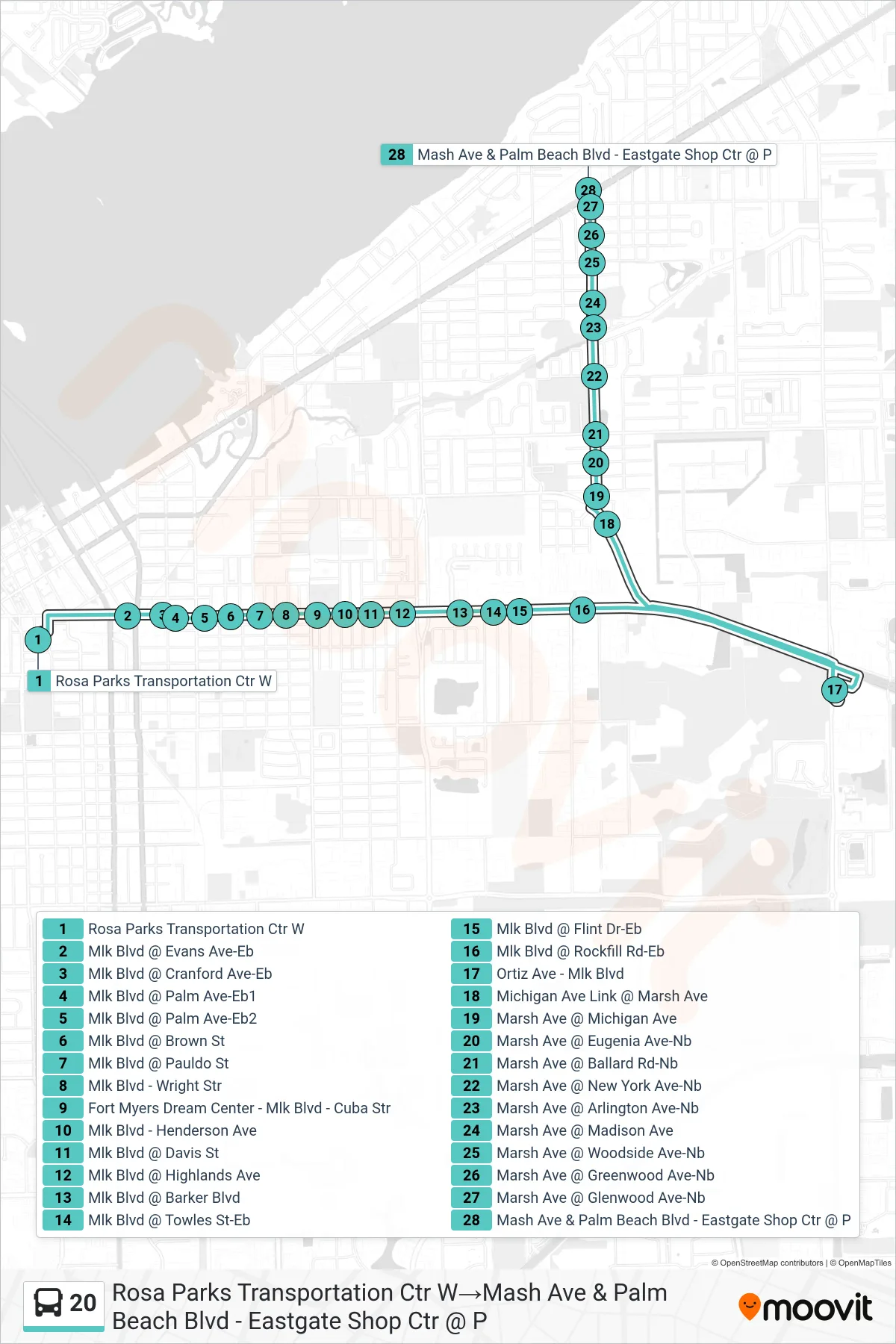 20 bus Line (Rosa Parks Transportation Ctr W→Mash Ave & Palm Beach Blvd - Eastgate Shop Ctr @ P) route and stops on a map