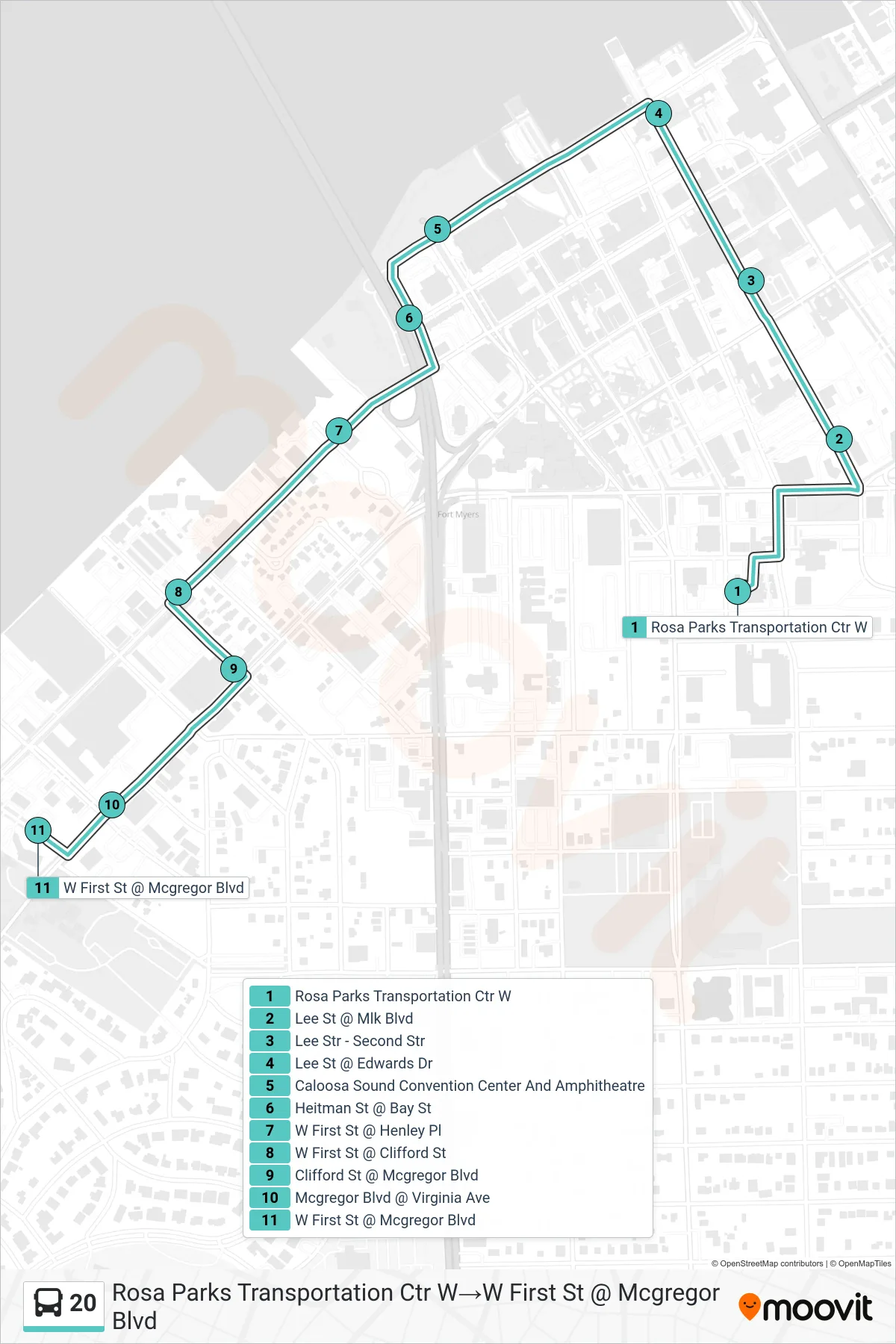 20 bus Line (Rosa Parks Transportation Ctr W‎→W First St @ Mcgregor Blvd) route and stops on a map