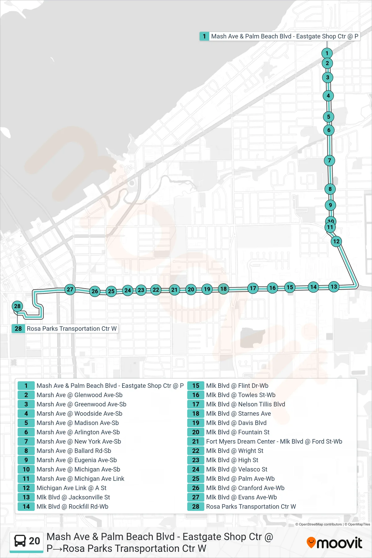 20 bus Line (Mash Ave & Palm Beach Blvd - Eastgate Shop Ctr @ P‎→Rosa Parks Transportation Ctr W) route and stops on a map