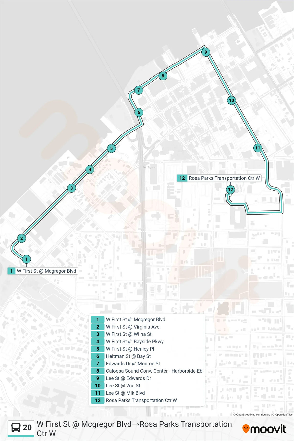 20 bus Line (W First St @ Mcgregor Blvd→Rosa Parks Transportation Ctr W) route and stops on a map