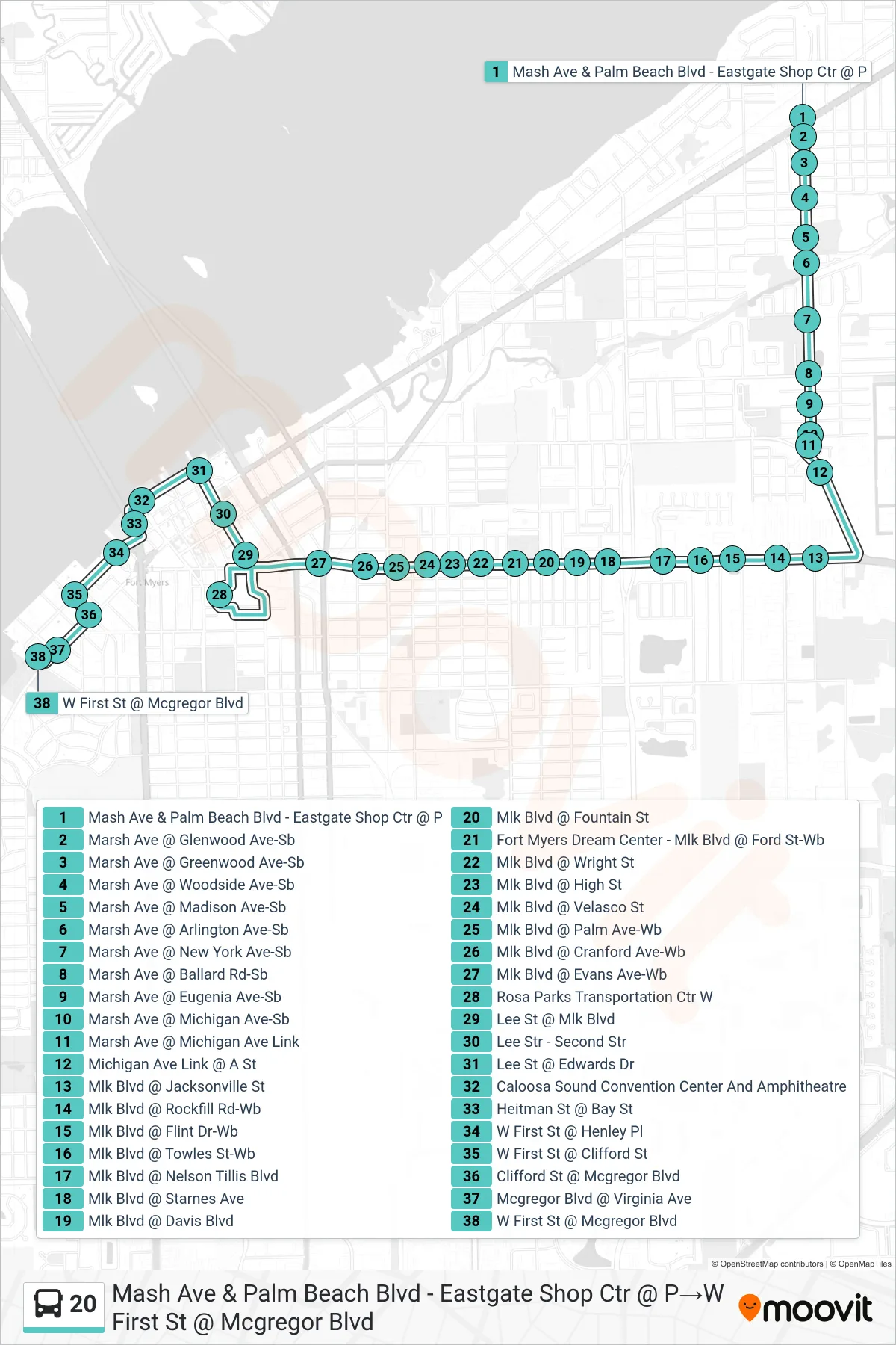 20 bus Line (Mash Ave & Palm Beach Blvd - Eastgate Shop Ctr @ P‎→W First St @ Mcgregor Blvd) route and stops on a map