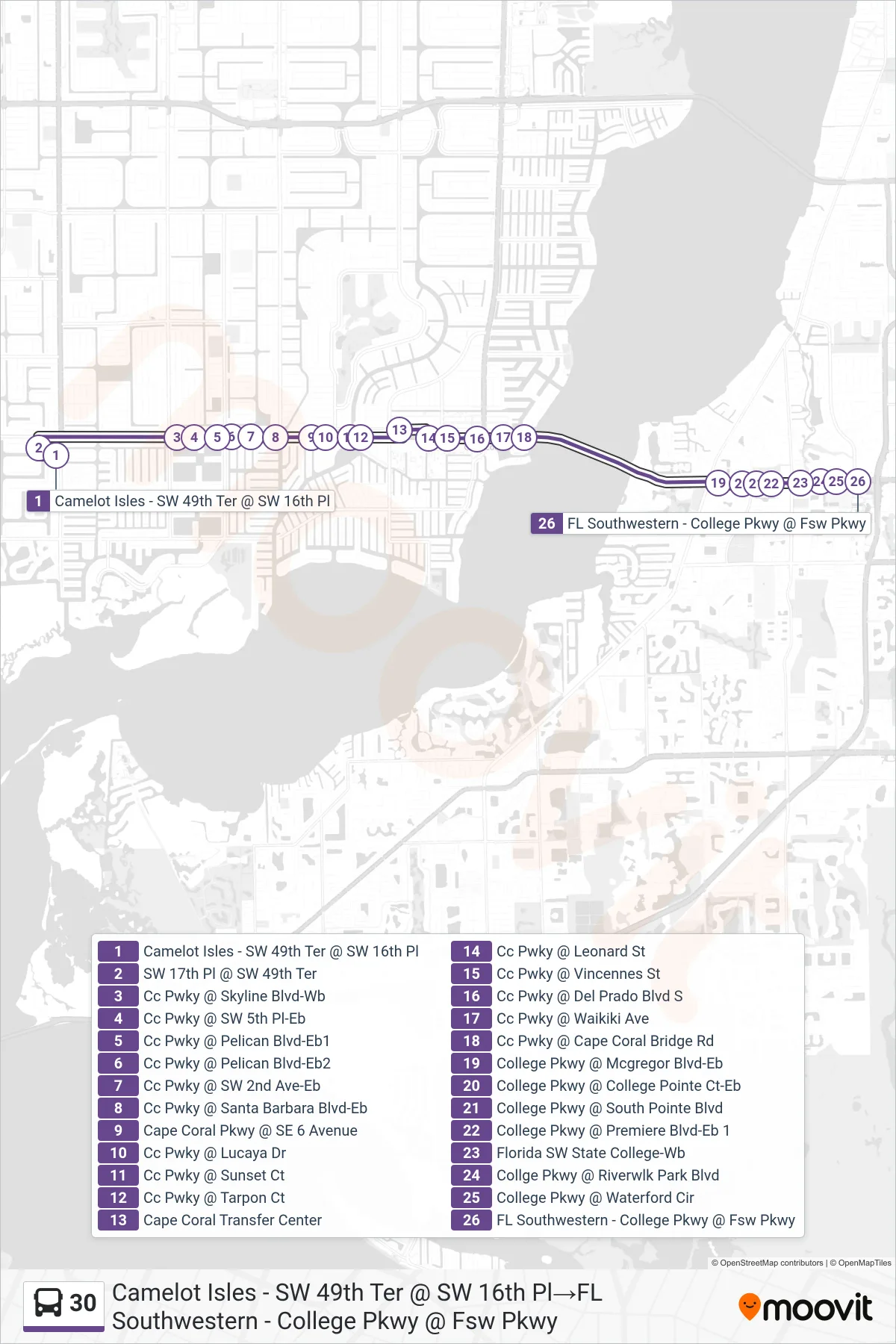 30 bus Line (Camelot Isles - SW 49th Ter @ SW 16th Pl→FL Southwestern - College Pkwy @ Fsw Pkwy) route and stops on a map